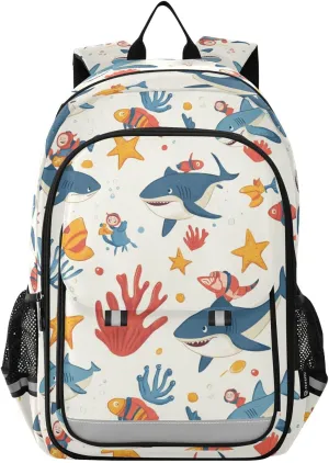 Sharks Seahorse Starfish Backpack for Boys Girls Elementary School Bag Kids Bookbag Travel Rucksack With Reflective Stripes