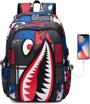 SharkZone Waterproof Backpack with USB Charging Port - 17-Inch Trendy Shark Design for Daily Use & Outdoor Adventures (red)