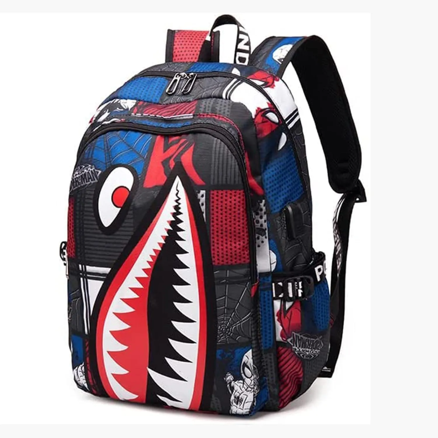 SharkZone Waterproof Backpack with USB Charging Port - 17-Inch Trendy Shark Design for Daily Use & Outdoor Adventures (red)