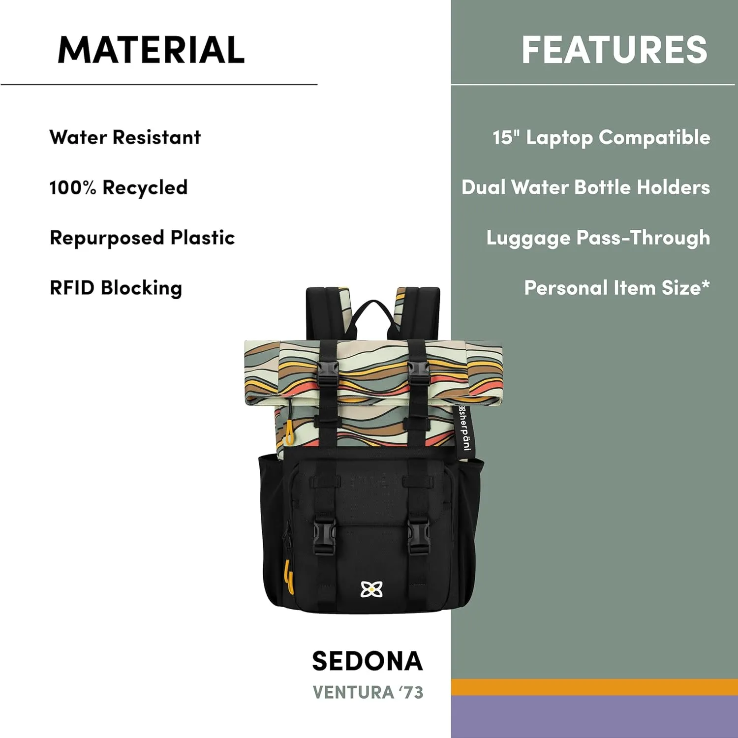 Sherpani Sedona, Travel Backpack Purse, Laptop Backpack, 16L Recycled Nylon Backpack, Fits 15 Inch Laptop, RFID Protection, Travel Gift for Mothers Day 2025 (Ventura '73)