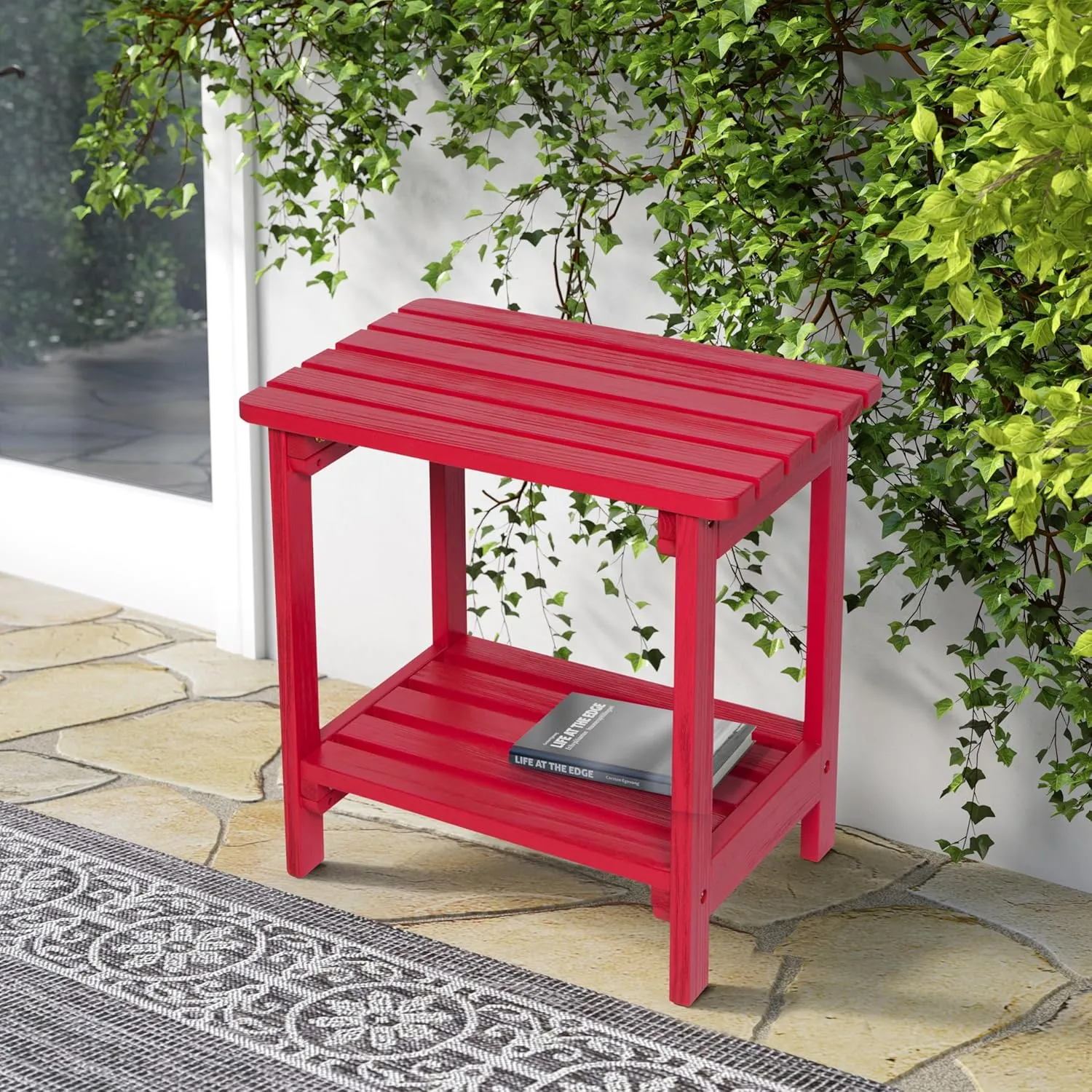 Shine Company Providence Rectangular Solid Wood Side Table, Outdoor Adirondack Patio Table, Chili Red