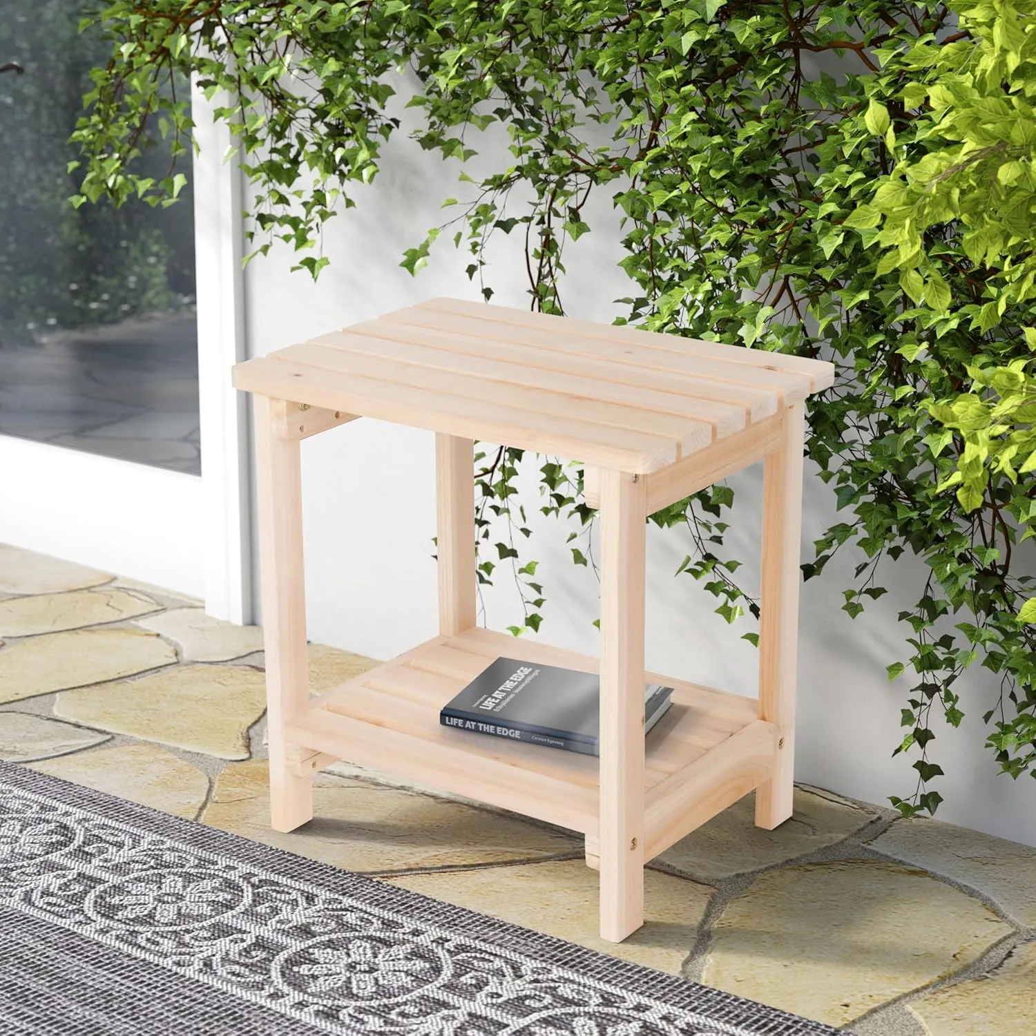 Shine Company Providence Rectangular Solid Wood Side Table, Outdoor Adirondack Small Patio Table – Natural