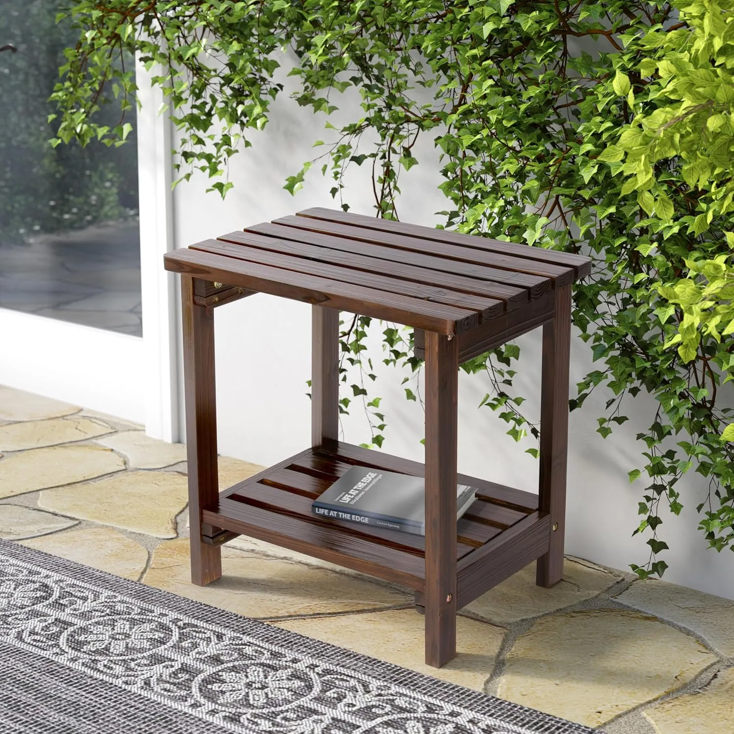 Shine Company Providence Rectangular Solid Wood Table, Outdoor Adirondack Small Patio Table – Burnt Brown