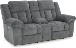 Signature Design by Ashley Tip-Off Modern Wall Hugger Power Reclining Loveseat with Adjustable Headrest, USB Ports, Storage and Cup Holders, Gray