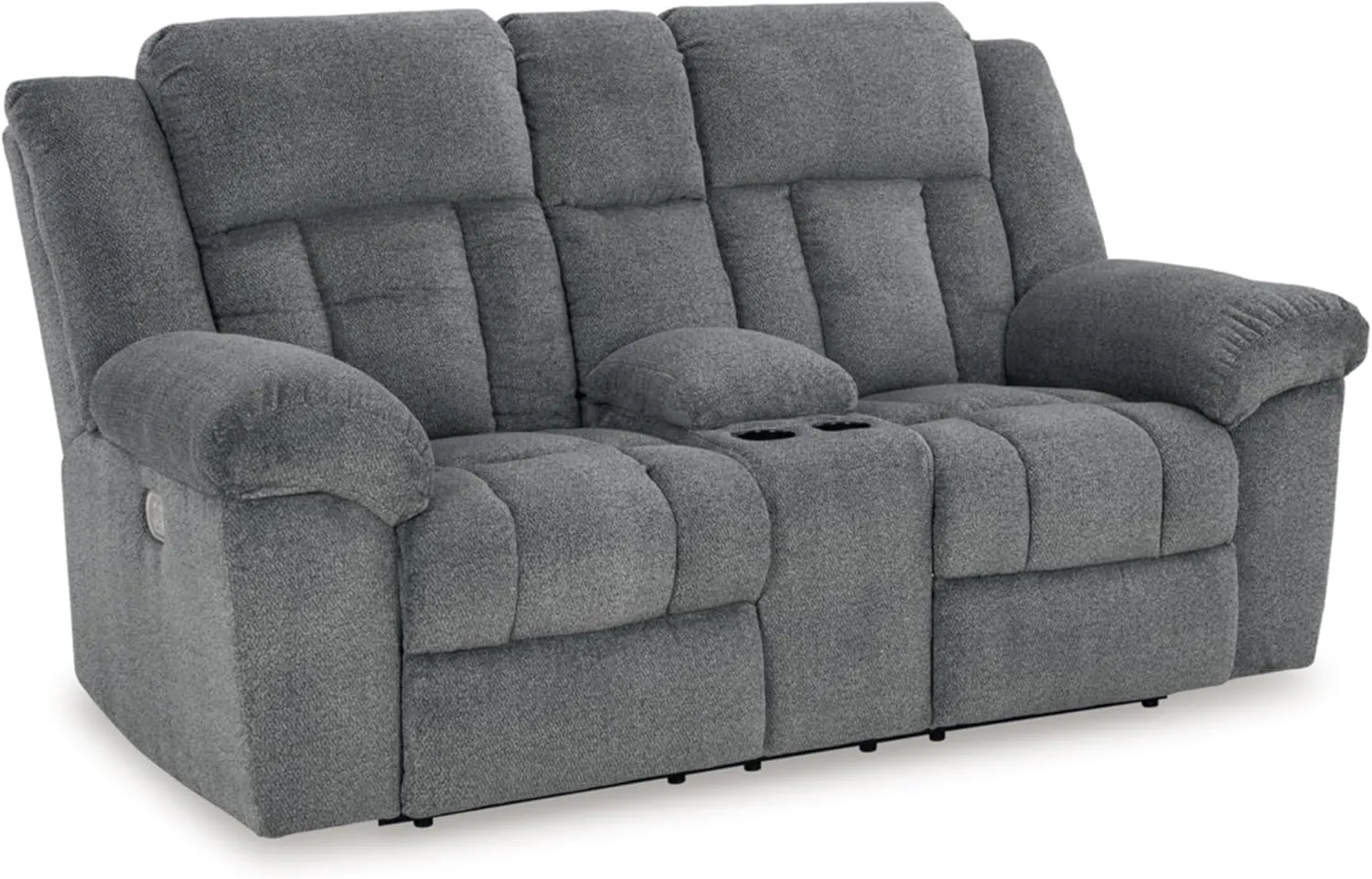Signature Design by Ashley Tip-Off Modern Wall Hugger Power Reclining Loveseat with Adjustable Headrest, USB Ports, Storage and Cup Holders, Gray
