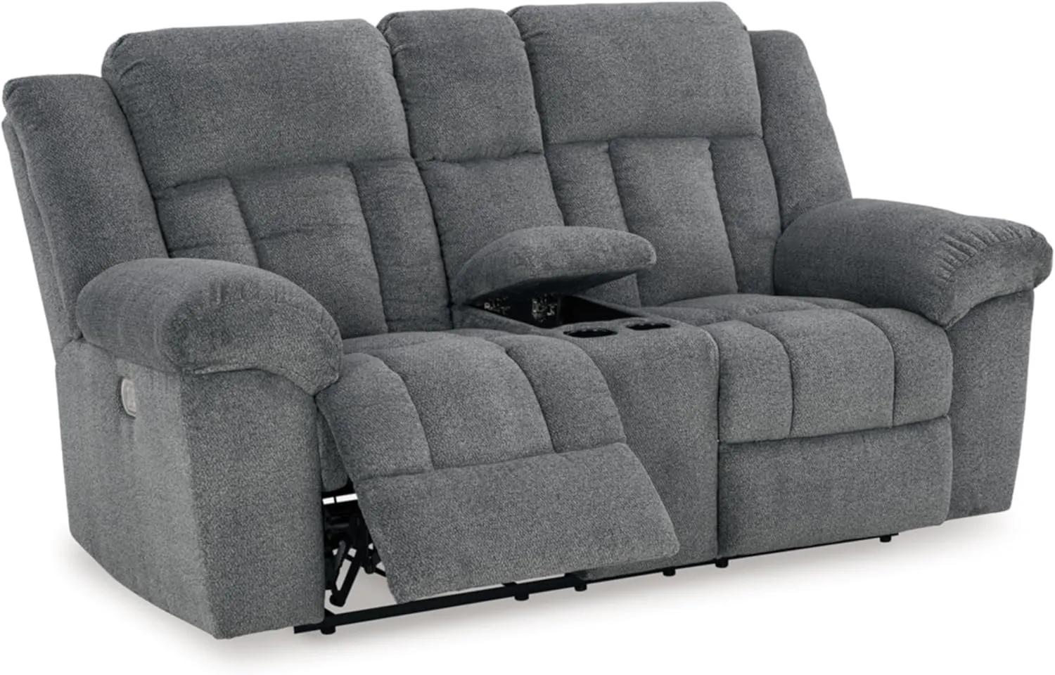 Signature Design by Ashley Tip-Off Modern Wall Hugger Power Reclining Loveseat with Adjustable Headrest, USB Ports, Storage and Cup Holders, Gray