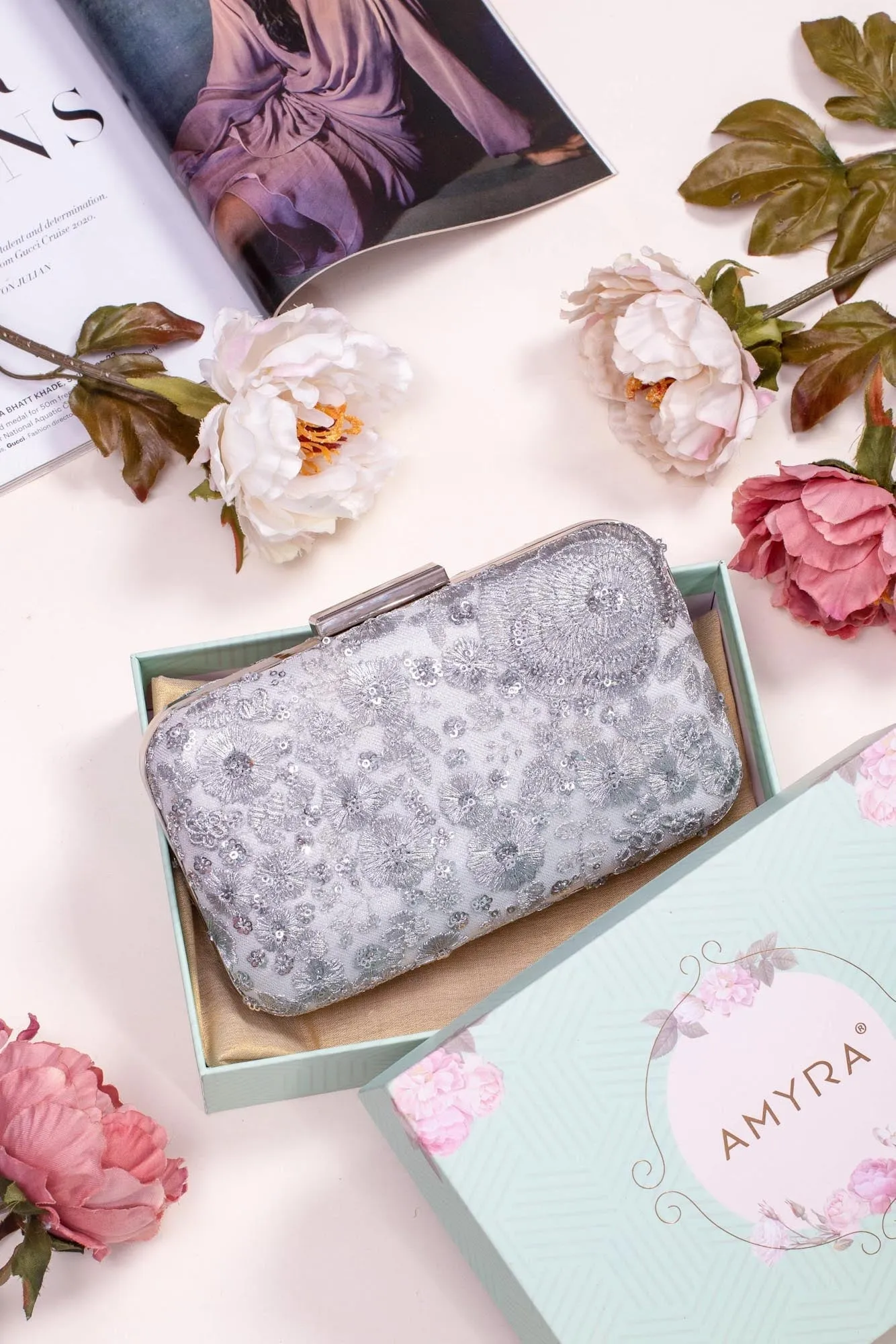 Silver Embroidered Box Clutch