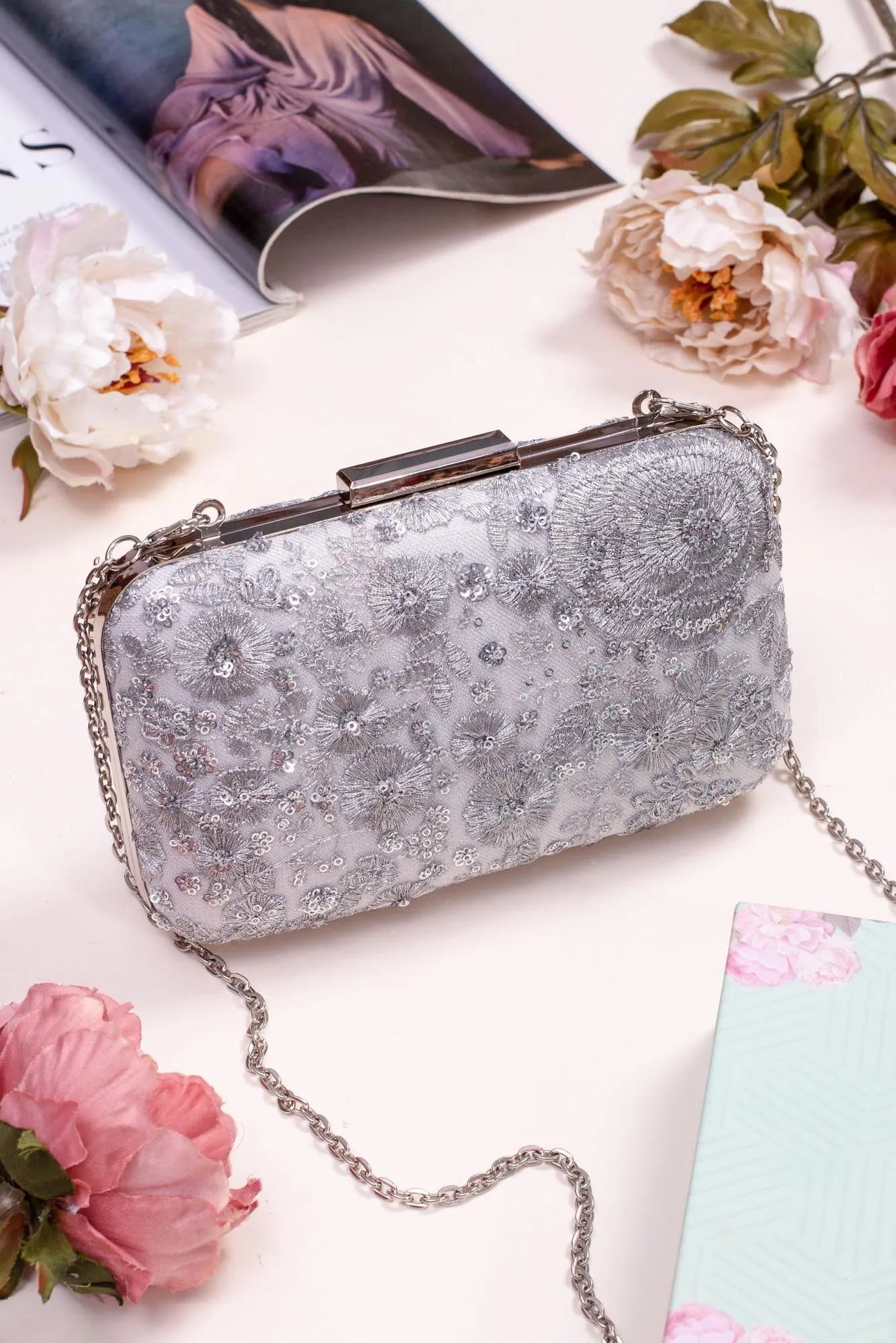 Silver Embroidered Box Clutch