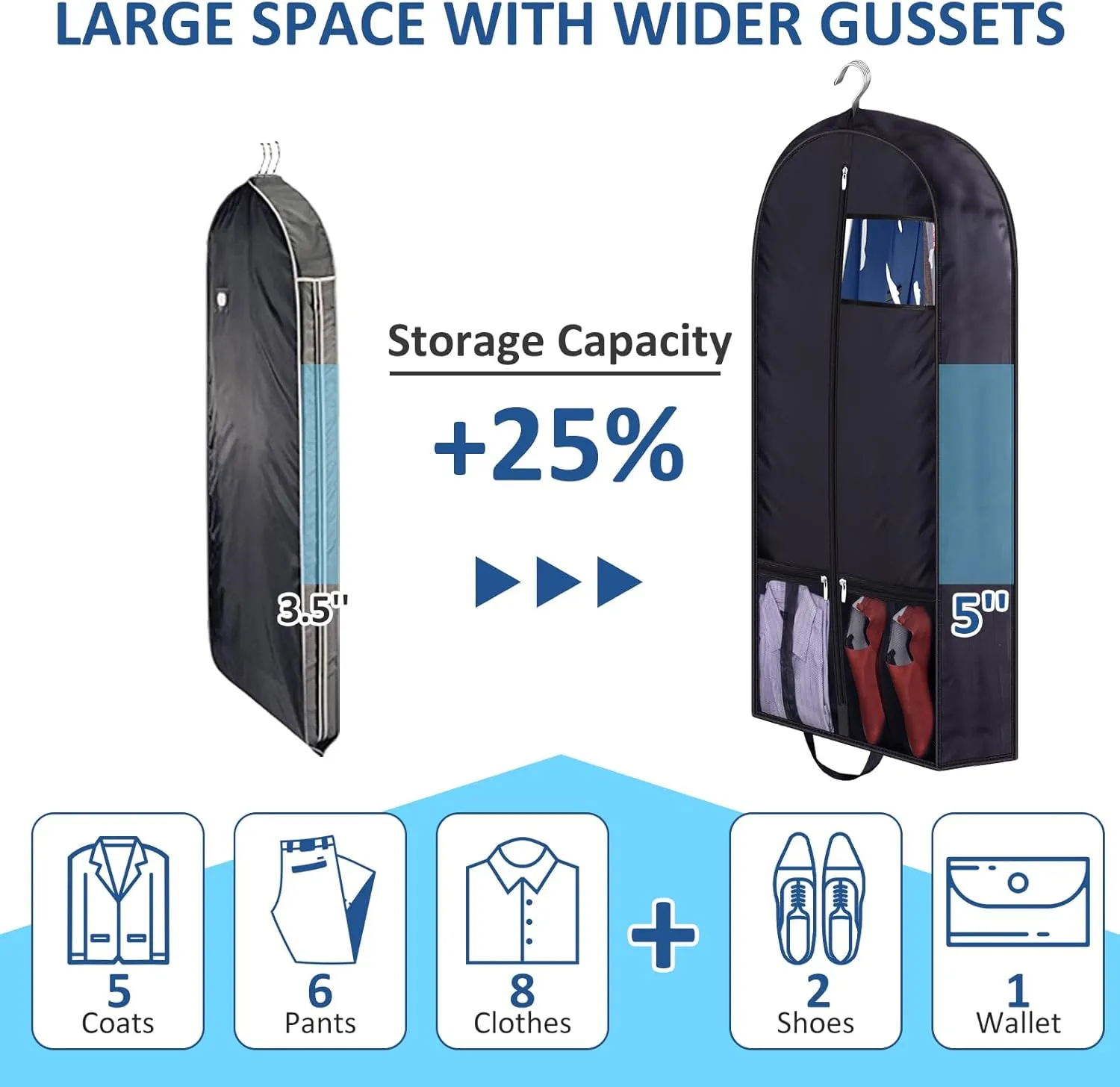 SLEEPING LAMB Garment Bags for Travel with 5’’ Gussets Suit Bag for Men Travel and Closet Storage Suit Cover Hanging Clothes Bag for Coats, Jackets, Shirts, 2 Packs (Black)