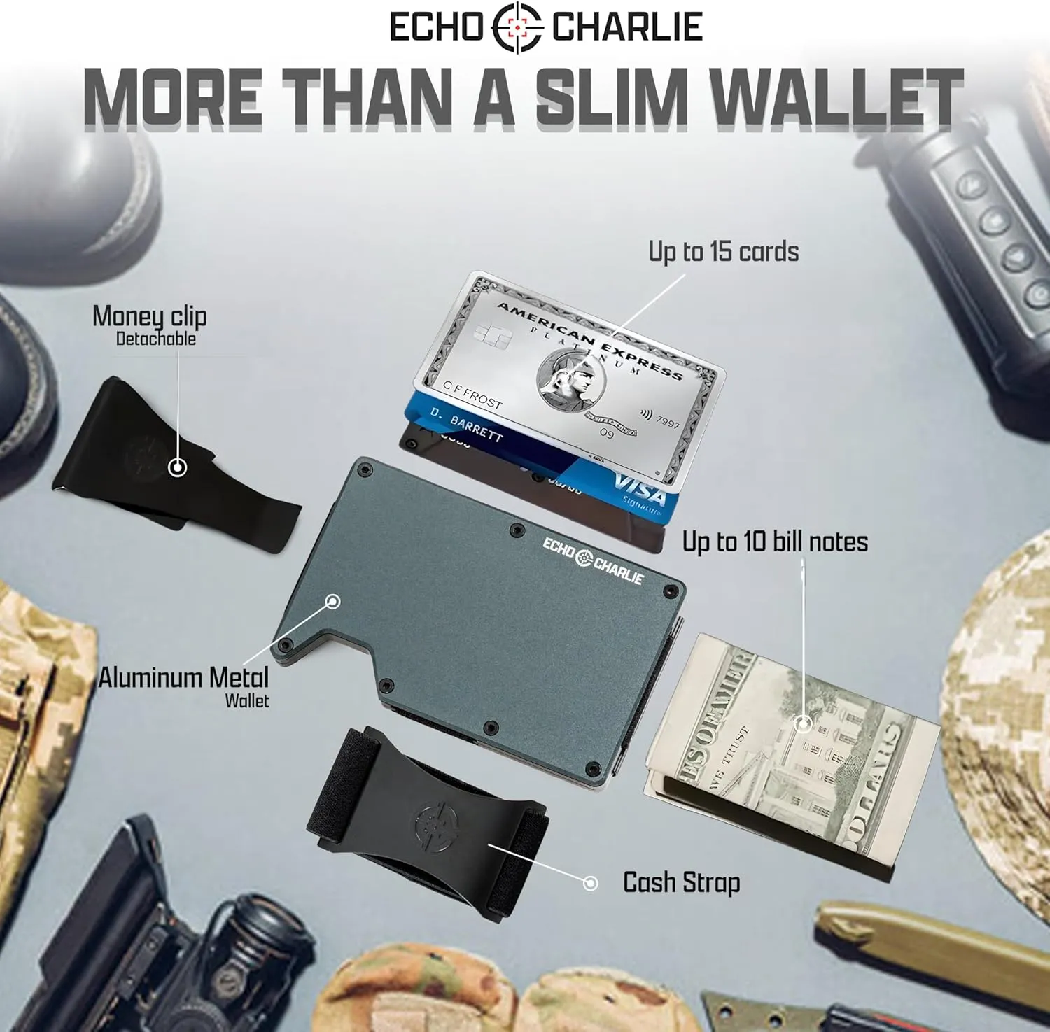 Slim Minimalist Wallet for Men and Women | RFID Blocking Front Pocket Metal Wallet Card Holder | with Removable Money Clip and Cash Strap | Aluminum, Battleship Gray