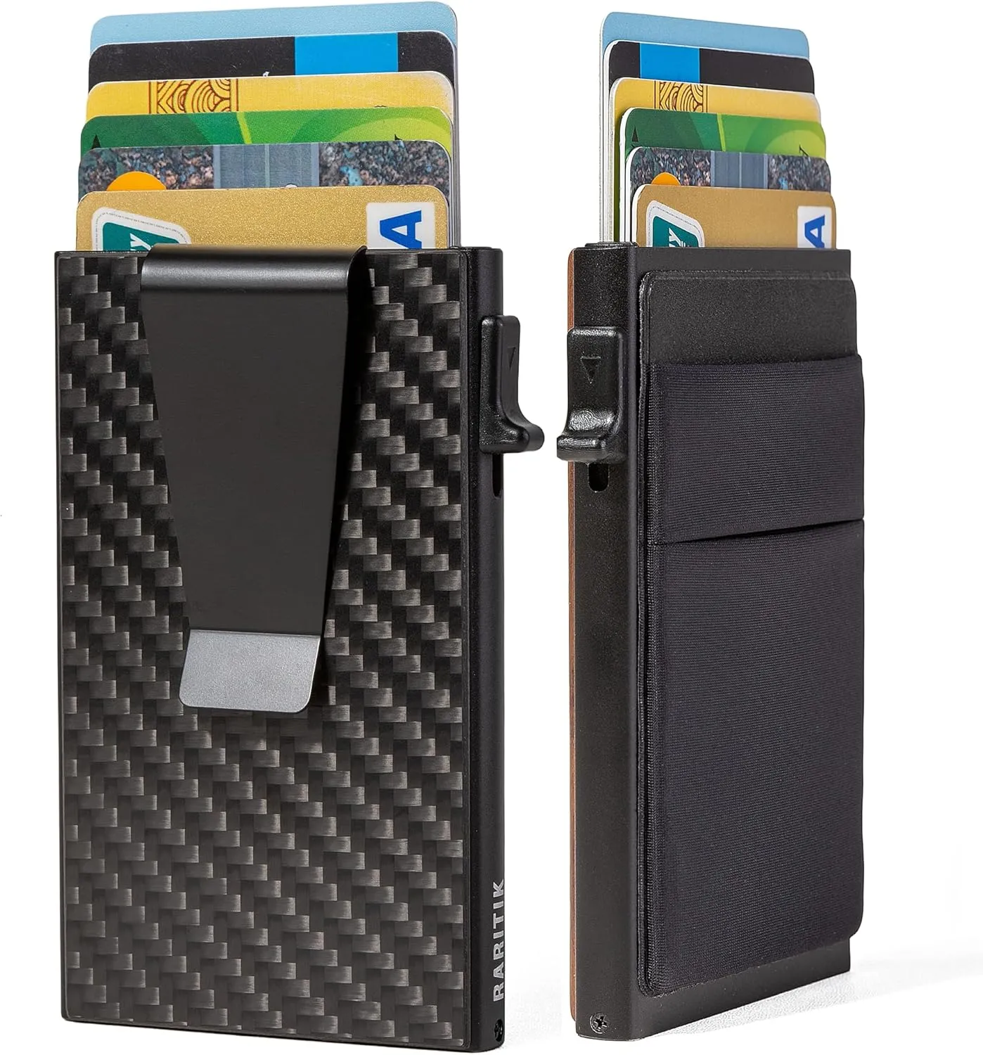 Slim Wallet for Men - Pop up Card Holder RFID Blocking Minimalist Business Credit Card Wallet with Money Pocket & Money Clip Metal Card Case for Notes and Coins and Debit Cards, Carbon Fiber