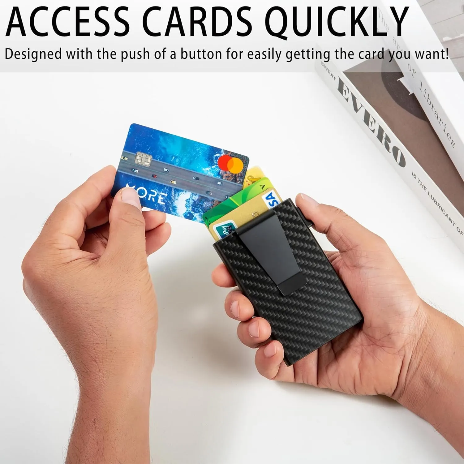 Slim Wallet for Men - Pop up Card Holder RFID Blocking Minimalist Business Credit Card Wallet with Money Pocket & Money Clip Metal Card Case for Notes and Coins and Debit Cards, Carbon Fiber
