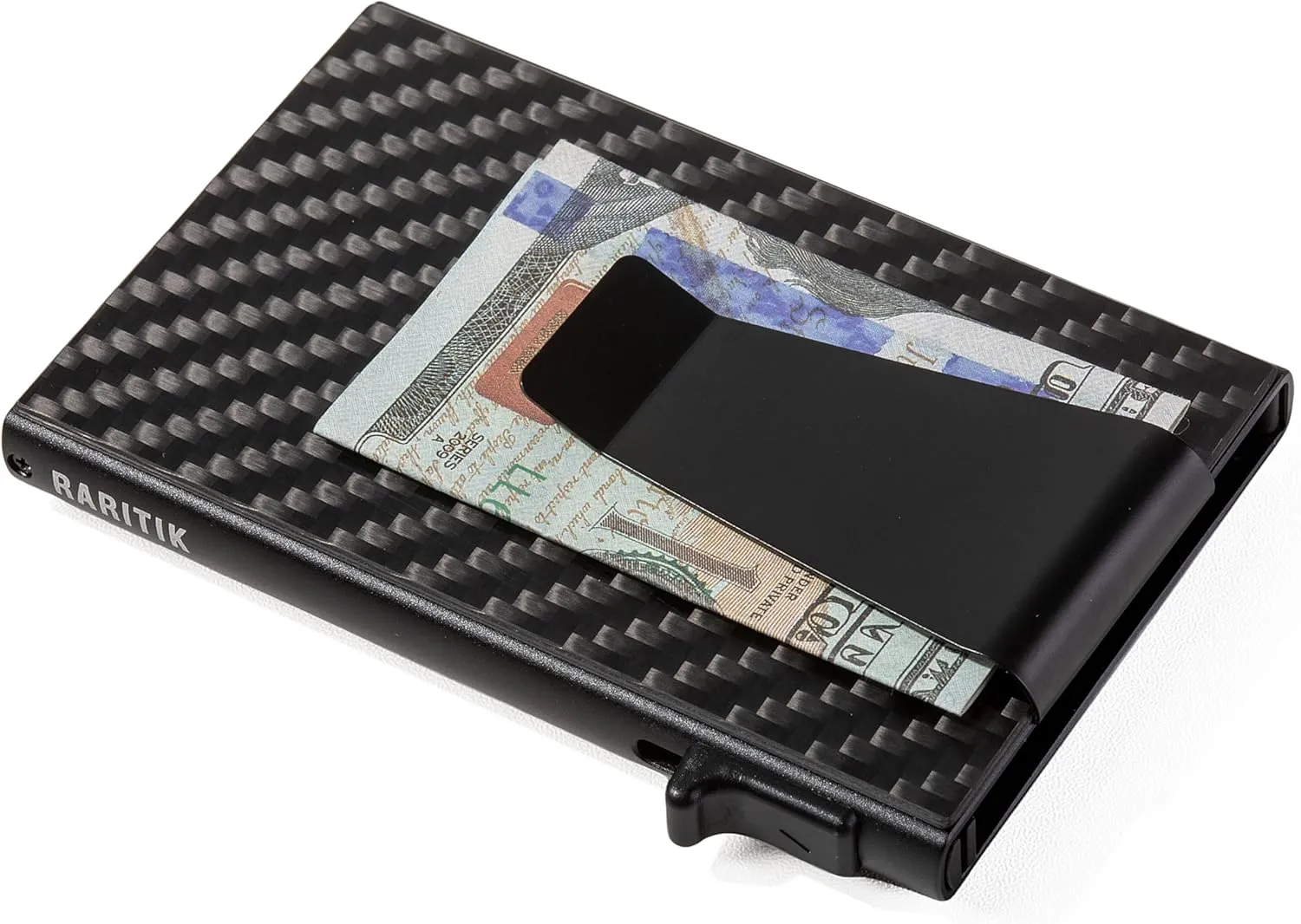 Slim Wallet for Men - Pop up Card Holder RFID Blocking Minimalist Business Credit Card Wallet with Money Pocket & Money Clip Metal Card Case for Notes and Coins and Debit Cards, Carbon Fiber