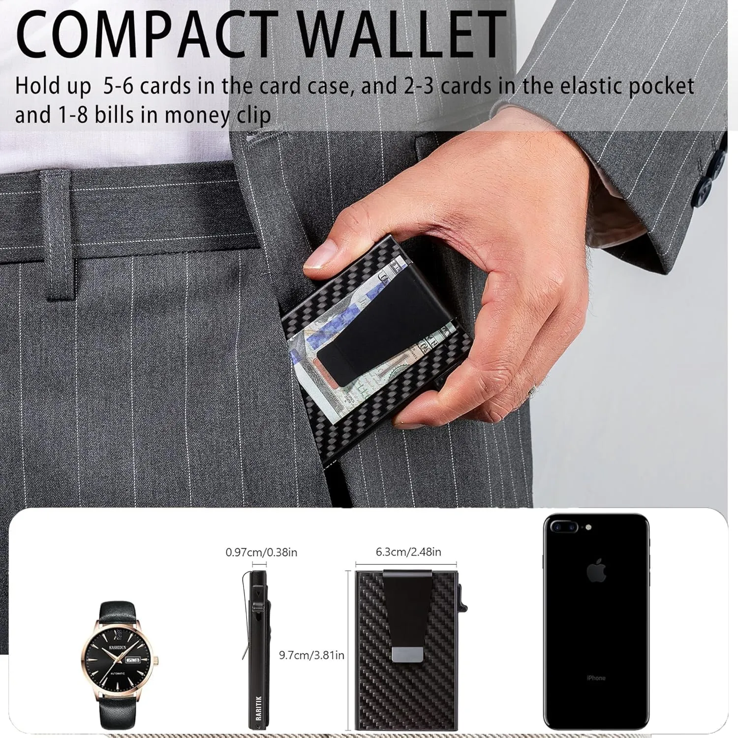 Slim Wallet for Men - Pop up Card Holder RFID Blocking Minimalist Business Credit Card Wallet with Money Pocket & Money Clip Metal Card Case for Notes and Coins and Debit Cards, Carbon Fiber