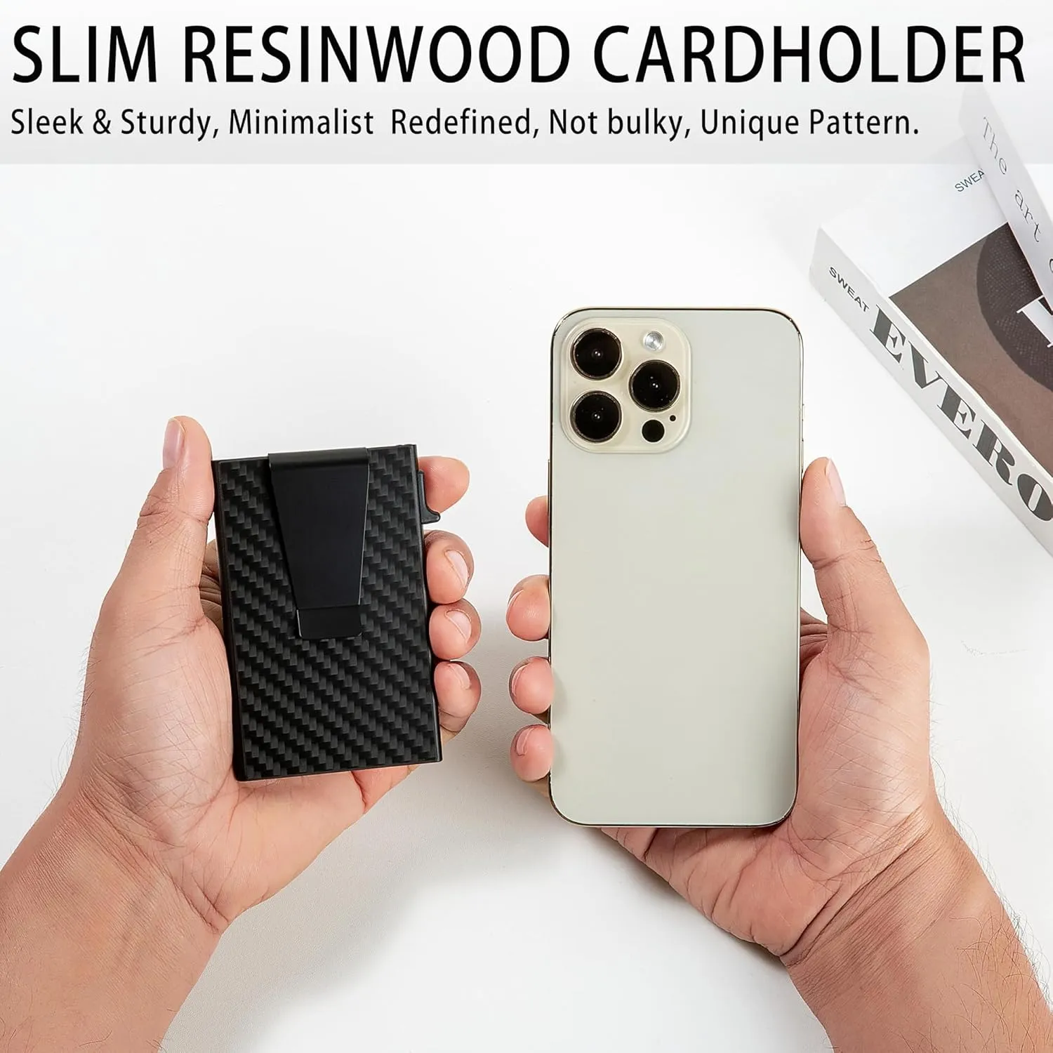 Slim Wallet for Men - Pop up Card Holder RFID Blocking Minimalist Business Credit Card Wallet with Money Pocket & Money Clip Metal Card Case for Notes and Coins and Debit Cards, Carbon Fiber