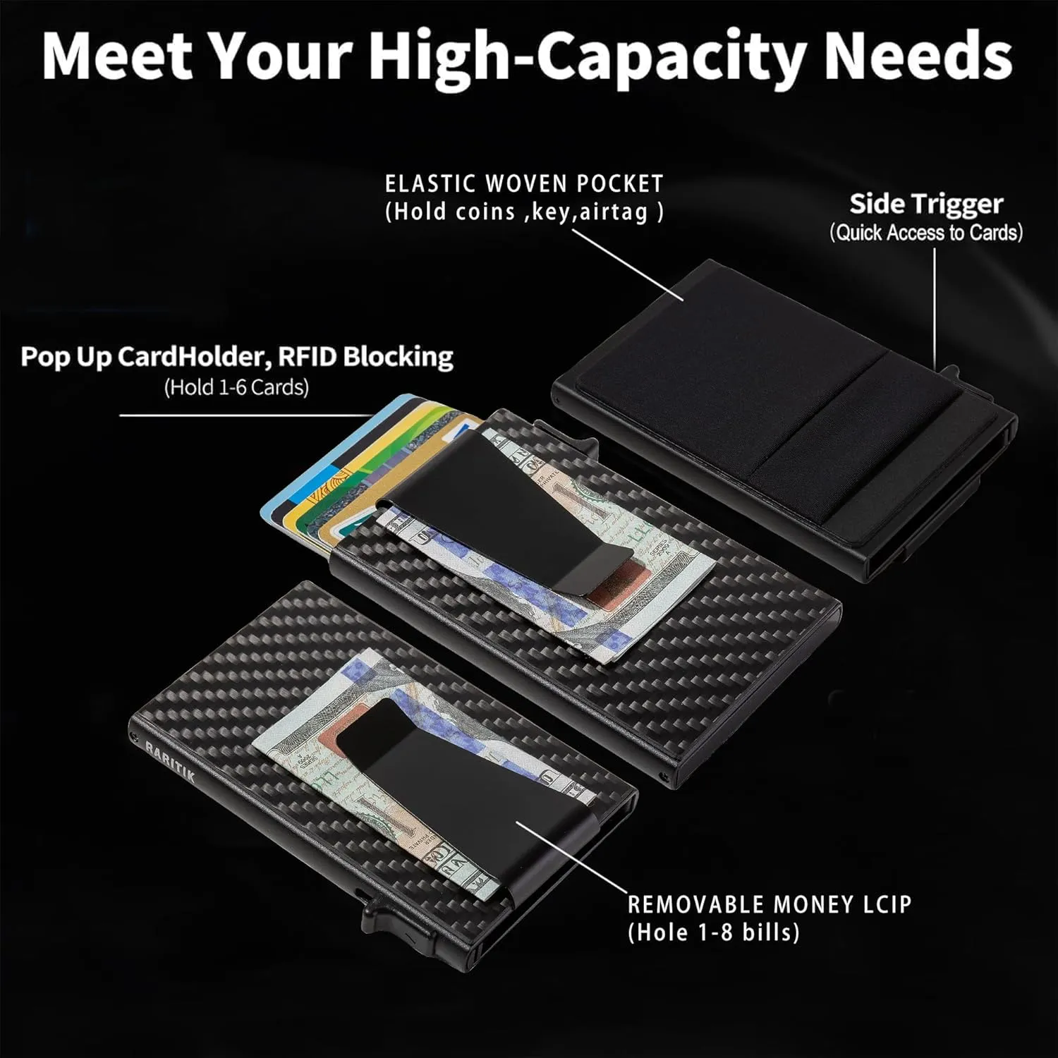 Slim Wallet for Men - Pop up Card Holder RFID Blocking Minimalist Business Credit Card Wallet with Money Pocket & Money Clip Metal Card Case for Notes and Coins and Debit Cards, Carbon Fiber