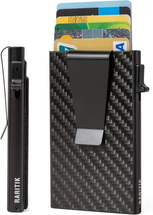 Slim Wallet for Men - Pop up Card Holder RFID Blocking Minimalist Business Credit Card Wallet with Money Pocket & Money Clip Metal Card Case for Notes and Coins and Debit Cards, Carbon Fiber