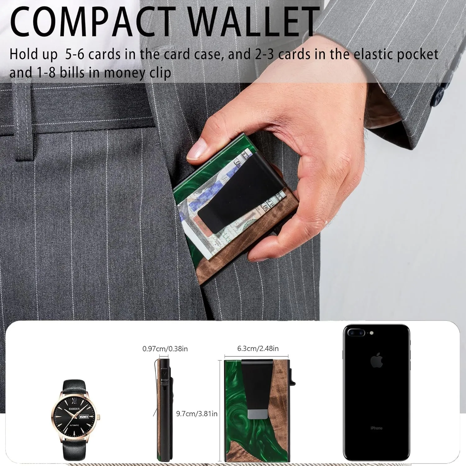 Slim Wallet for Men - Pop up Card Holder RFID Blocking Minimalist Business Credit Card Wallet with Money Pocket & Money Clip Metal Card Case for Notes and Coins and Debit Cards,Resin Green