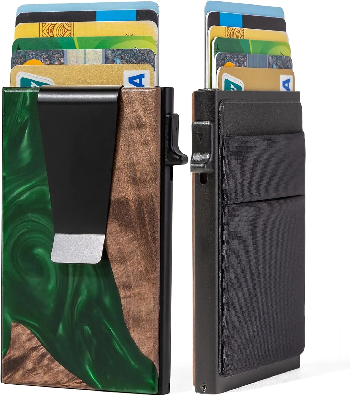 Slim Wallet for Men - Pop up Card Holder RFID Blocking Minimalist Business Credit Card Wallet with Money Pocket & Money Clip Metal Card Case for Notes and Coins and Debit Cards,Resin Green