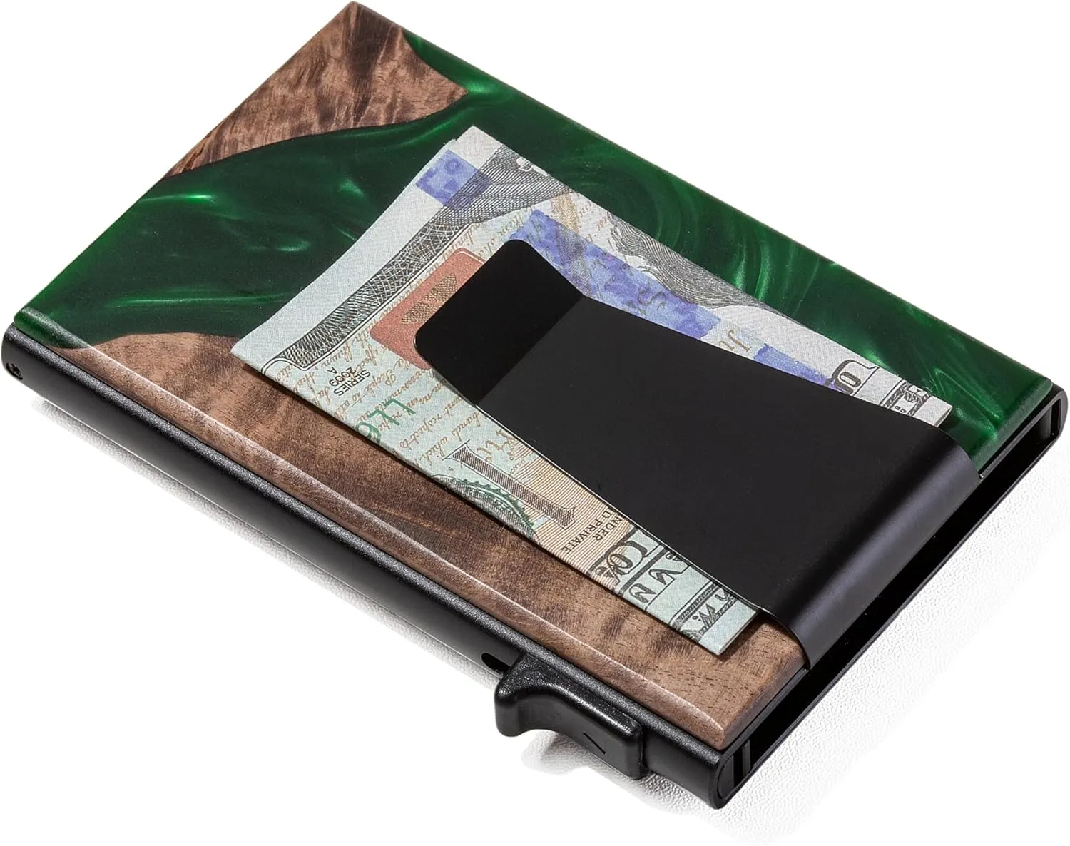 Slim Wallet for Men - Pop up Card Holder RFID Blocking Minimalist Business Credit Card Wallet with Money Pocket & Money Clip Metal Card Case for Notes and Coins and Debit Cards,Resin Green