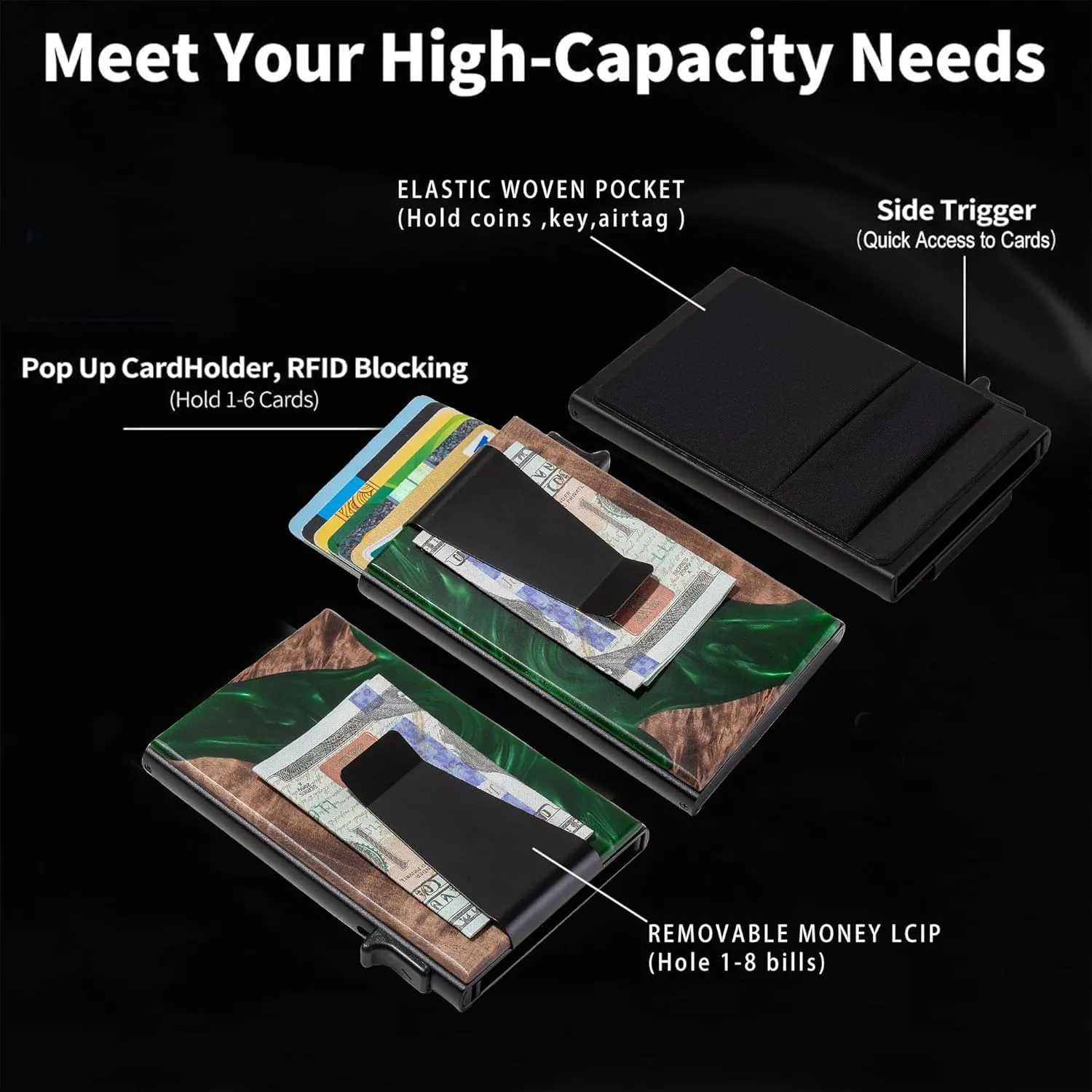 Slim Wallet for Men - Pop up Card Holder RFID Blocking Minimalist Business Credit Card Wallet with Money Pocket & Money Clip Metal Card Case for Notes and Coins and Debit Cards,Resin Green