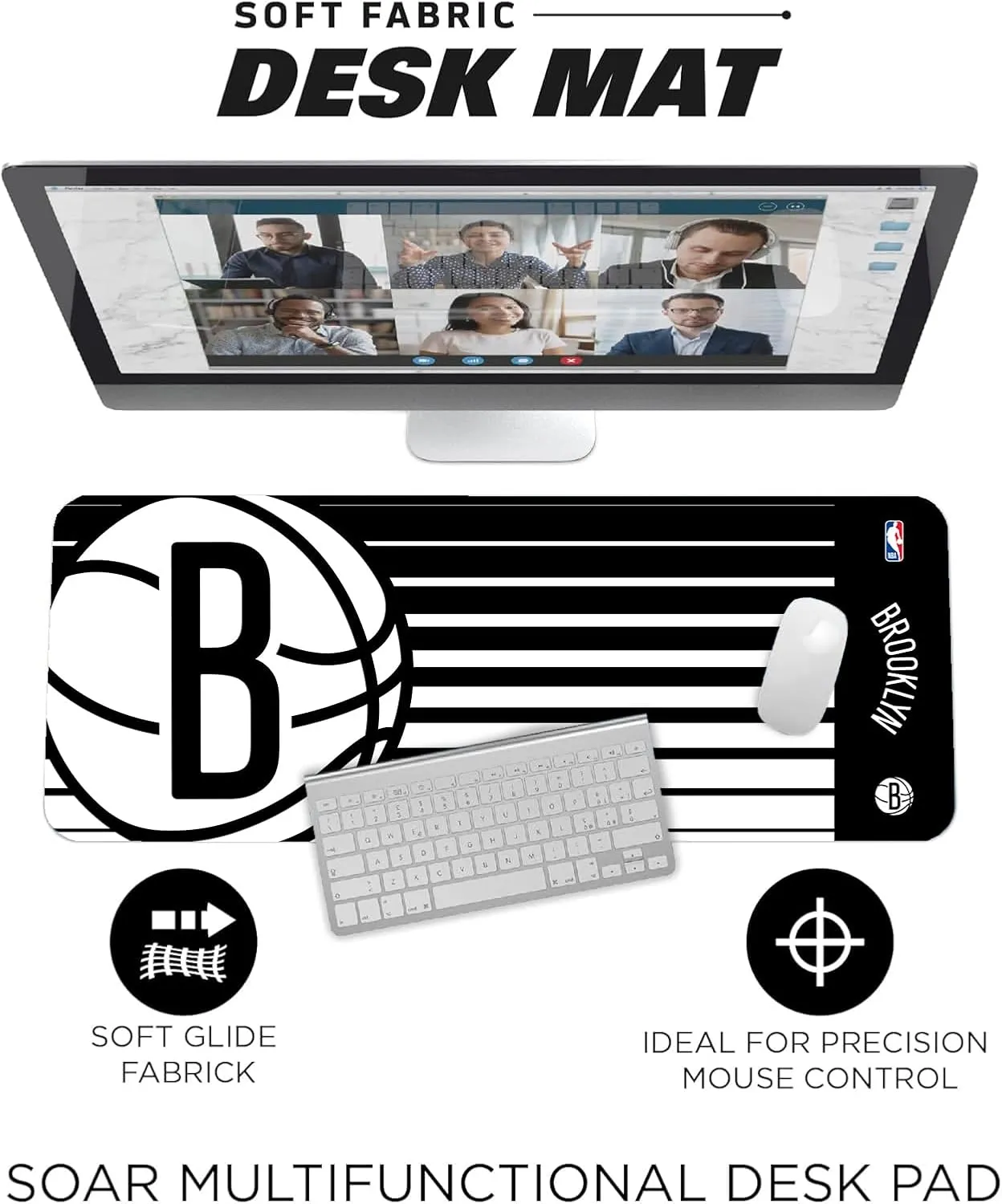 SOAR NBA Multifunctional Desk Mat for Desktop, (31.5"x12") - Ultra Soft Fabric with Non-Slip Rubber Backer - Water Resistant & Durable Nylon Stitching