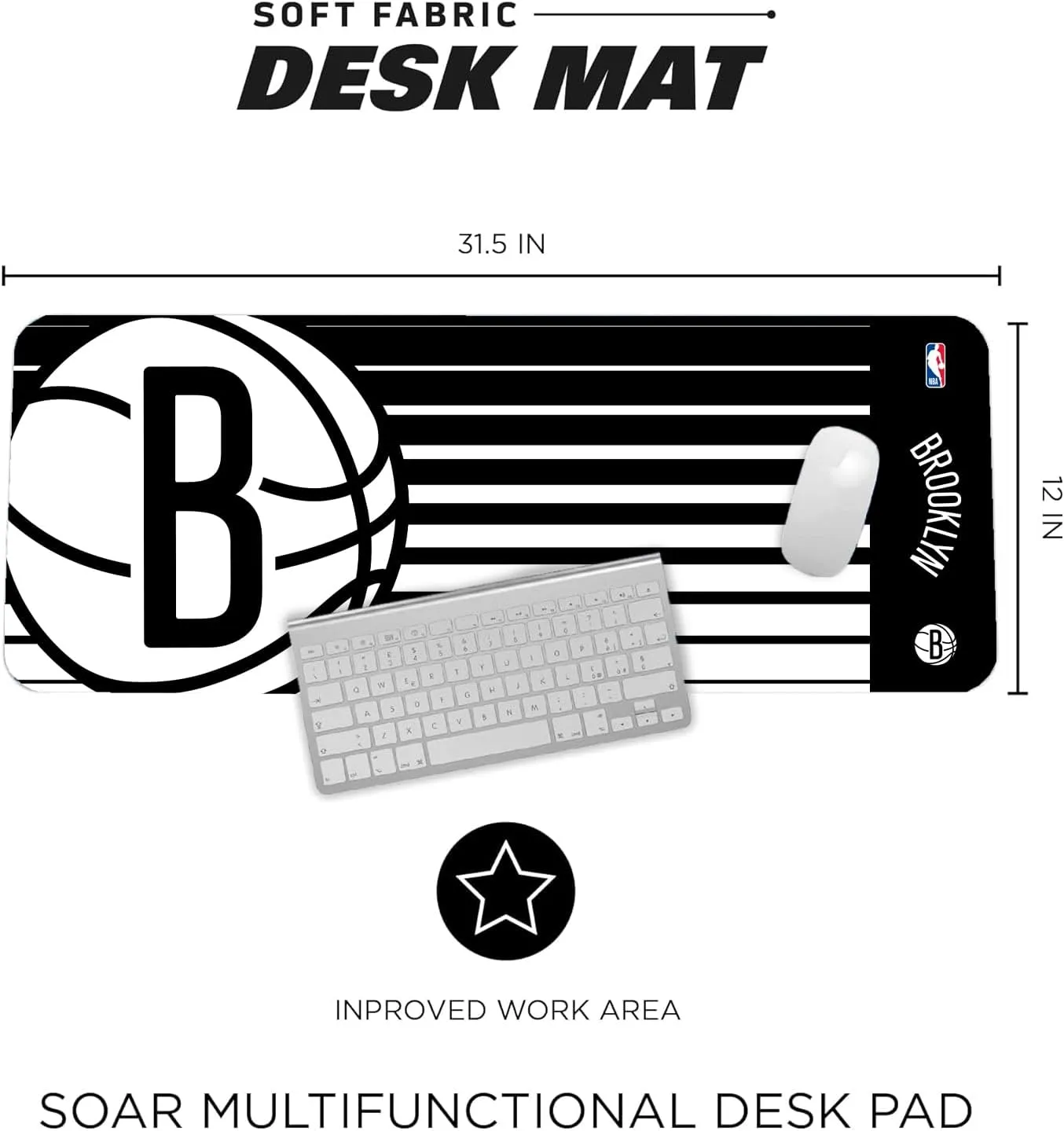 SOAR NBA Multifunctional Desk Mat for Desktop, (31.5"x12") - Ultra Soft Fabric with Non-Slip Rubber Backer - Water Resistant & Durable Nylon Stitching