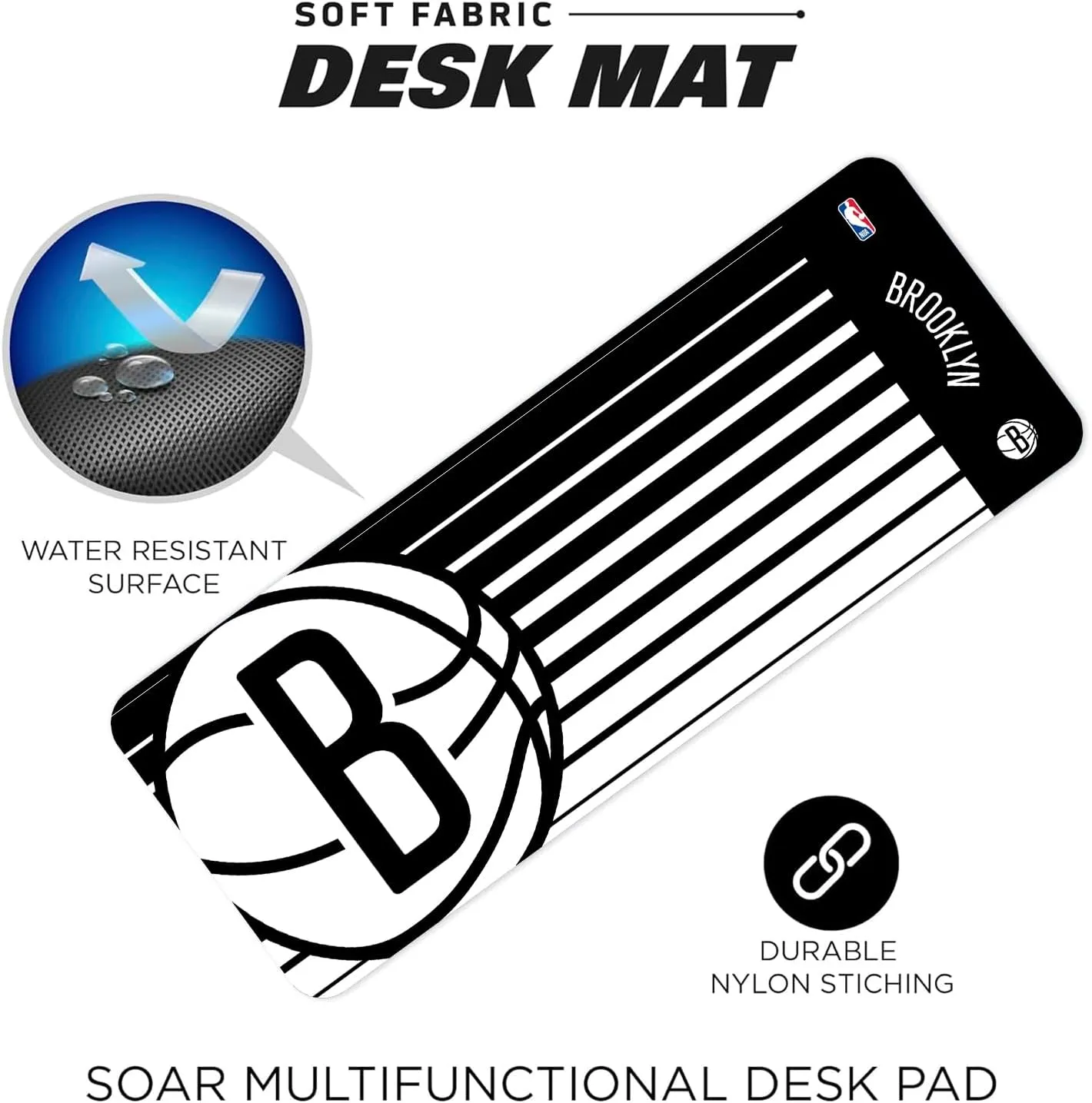 SOAR NBA Multifunctional Desk Mat for Desktop, (31.5"x12") - Ultra Soft Fabric with Non-Slip Rubber Backer - Water Resistant & Durable Nylon Stitching