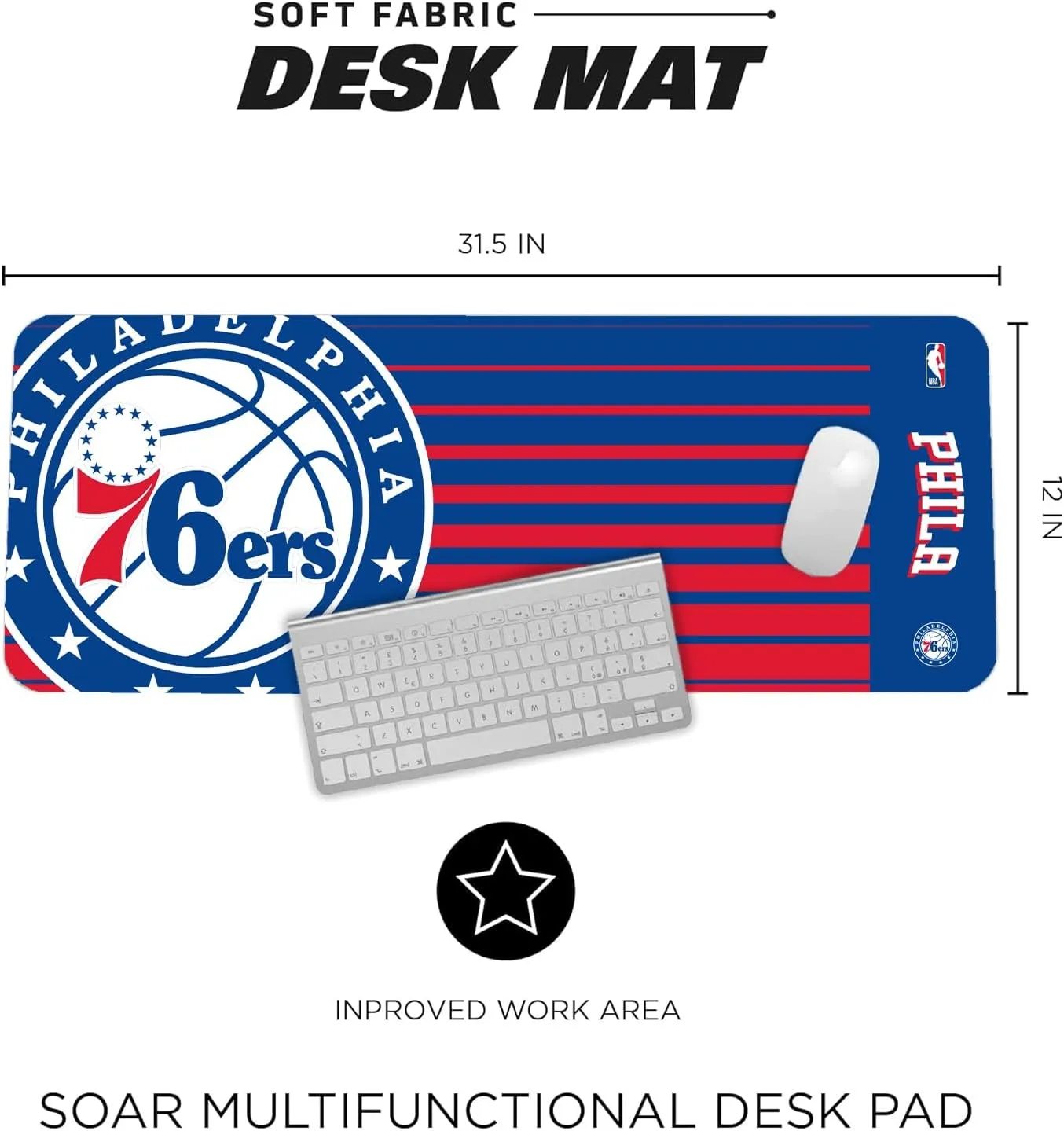 SOAR NBA Multifunctional Desk Mat for Desktop, (31.5"x12") - Ultra Soft Fabric with Non-Slip Rubber Backer - Water Resistant & Durable Nylon Stitching