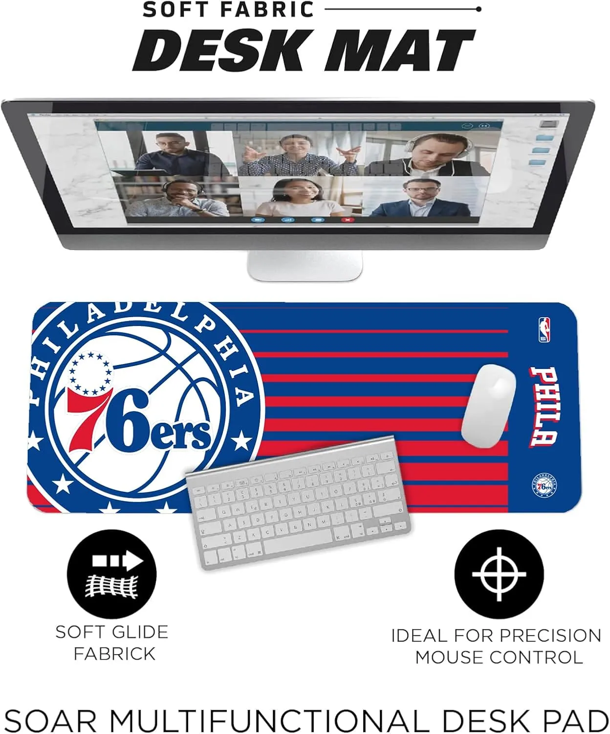 SOAR NBA Multifunctional Desk Mat for Desktop, (31.5"x12") - Ultra Soft Fabric with Non-Slip Rubber Backer - Water Resistant & Durable Nylon Stitching