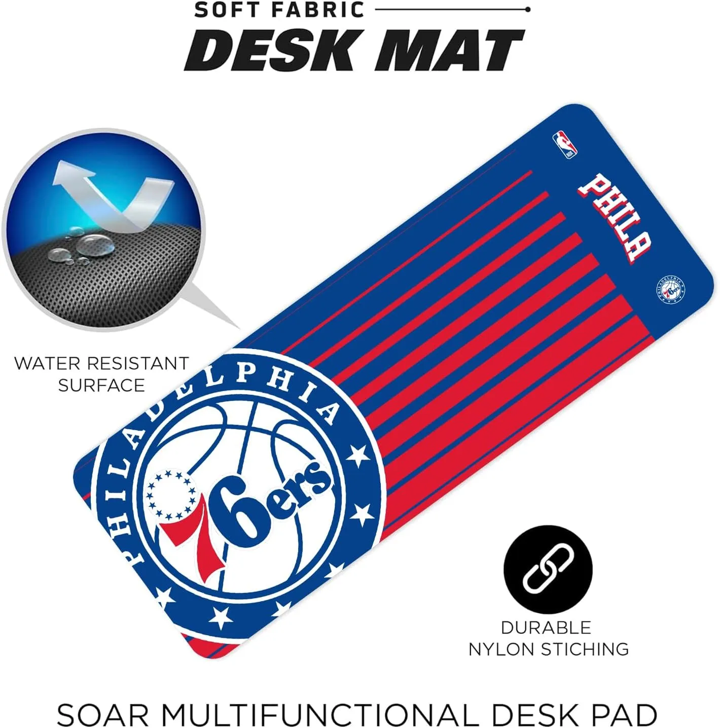 SOAR NBA Multifunctional Desk Mat for Desktop, (31.5"x12") - Ultra Soft Fabric with Non-Slip Rubber Backer - Water Resistant & Durable Nylon Stitching