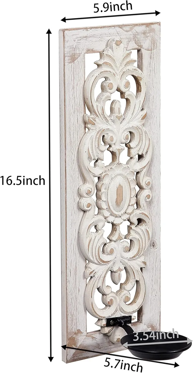 SOFE Openwork Carving Candle Sconces Set of Two, Distressed Finish Wood Candle Holder Living Room, Rustic Farmhouse Candle Wall Sconces, Bedroom Hallway Wall Art Decoration