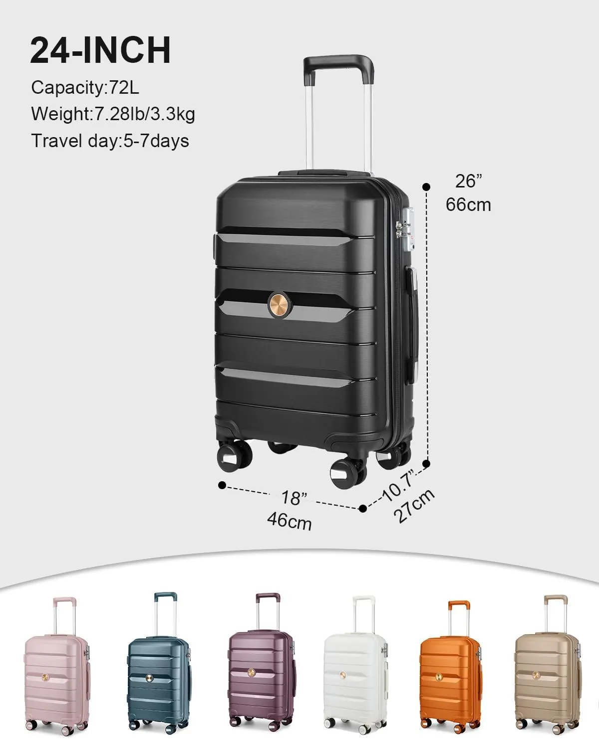 Somago 24 Inch Checked Luggage and Packing Cube Travel Set Hard Shell Lightweight Polypropylene Suitcase with Spinner Wheels TSA Lock,Classic Black