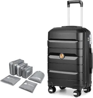 Somago 24 Inch Checked Luggage and Packing Cube Travel Set Hard Shell Lightweight Polypropylene Suitcase with Spinner Wheels TSA Lock,Classic Black