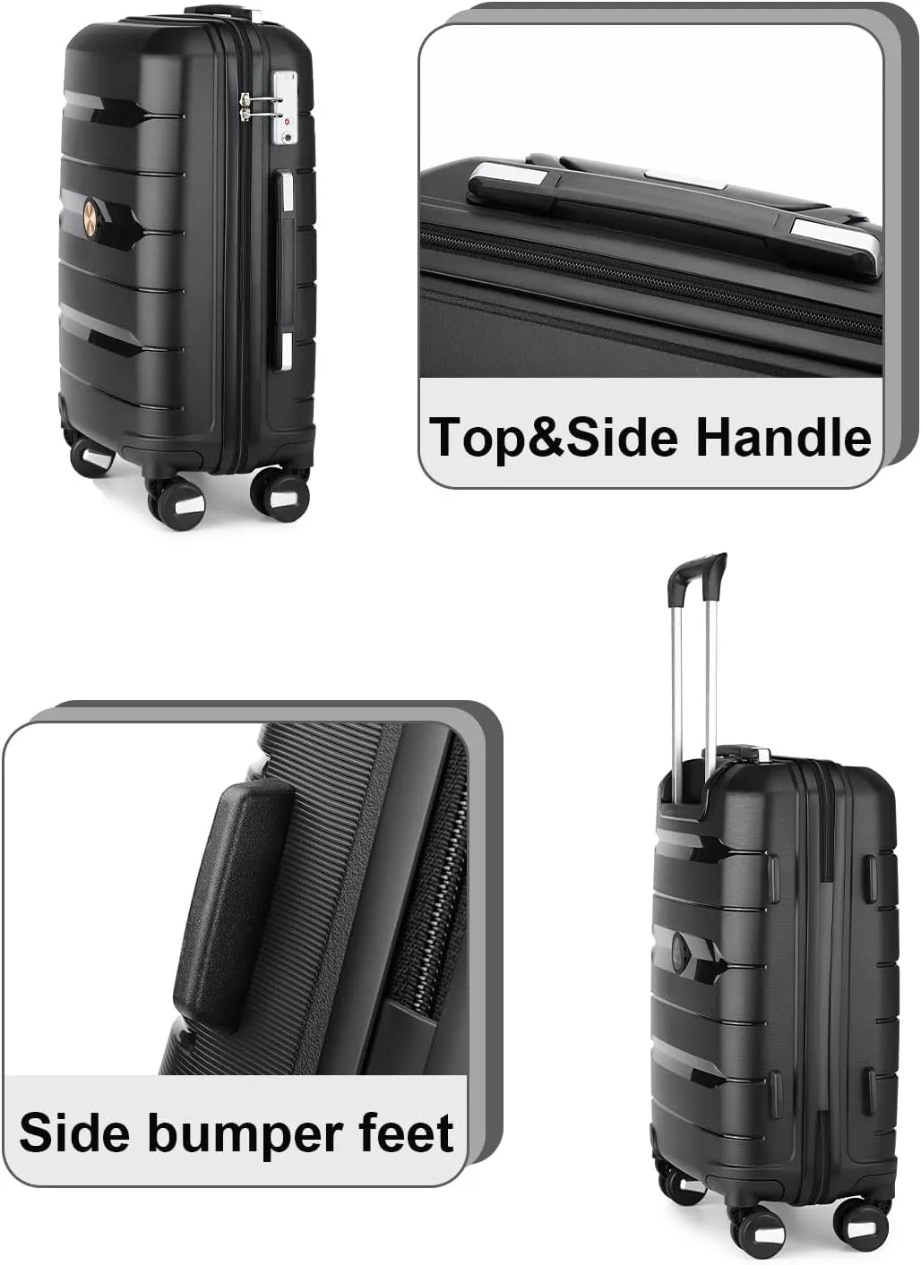 Somago 24 Inch Checked Luggage and Packing Cube Travel Set Hard Shell Lightweight Polypropylene Suitcase with Spinner Wheels TSA Lock,Classic Black
