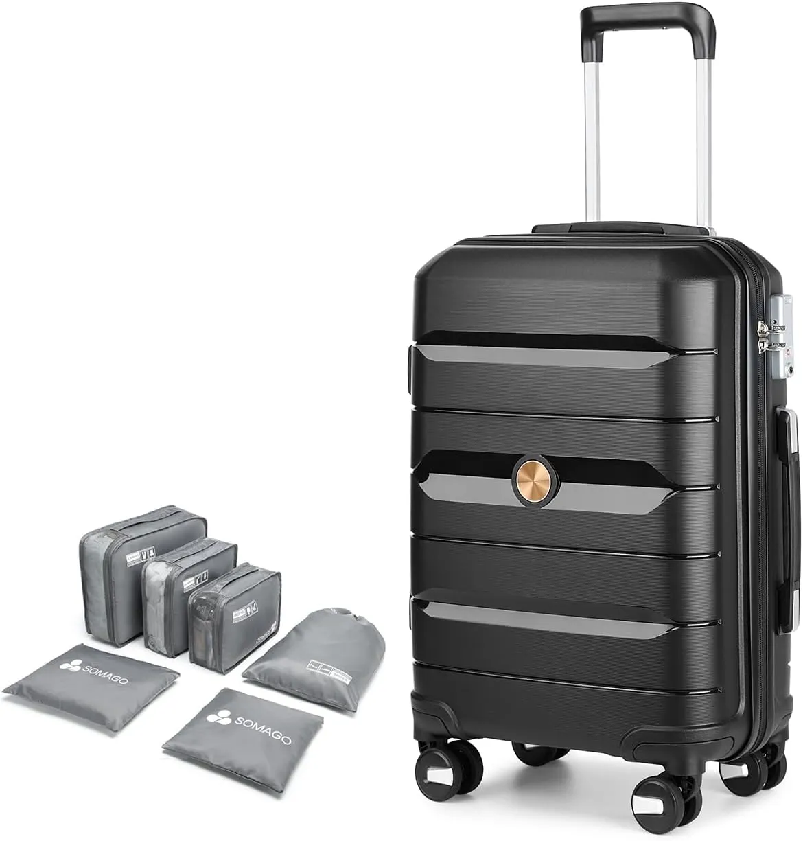 Somago 24 Inch Checked Luggage and Packing Cube Travel Set Hard Shell Lightweight Polypropylene Suitcase with Spinner Wheels TSA Lock,Classic Black
