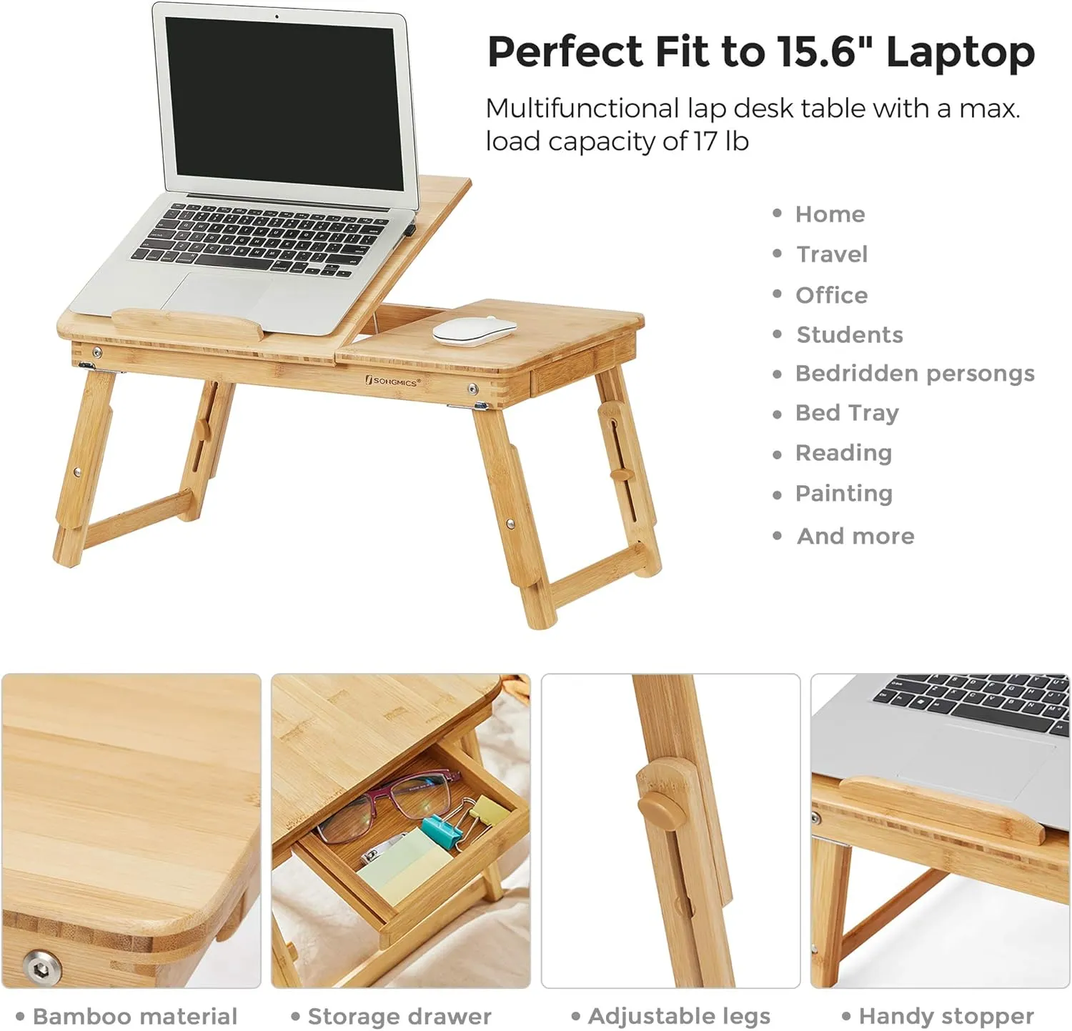 SONGMICS Laptop Desk for Bed or Sofa with Tilting Top, Breakfast Serving Tray with Folding Legs, Fits up to 15.6 Inches Screen, (24-26.9) x 13.7 x (8.8-12.6) Inches, Natural ULLD01N