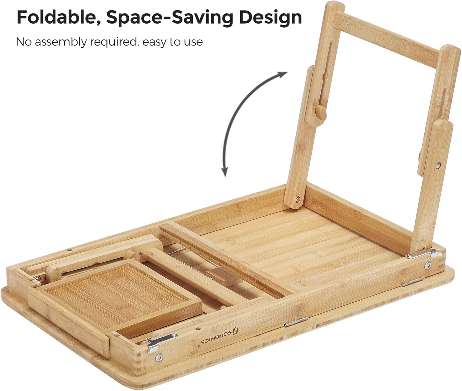 SONGMICS Laptop Desk for Bed or Sofa with Tilting Top, Breakfast Serving Tray with Folding Legs, Fits up to 15.6 Inches Screen, (24-26.9) x 13.7 x (8.8-12.6) Inches, Natural ULLD01N