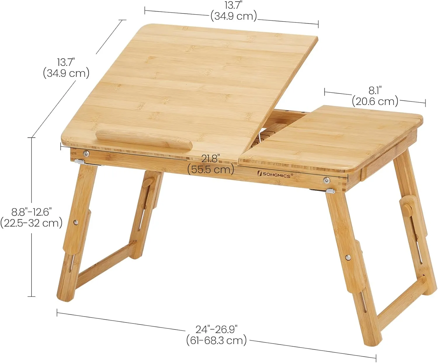 SONGMICS Laptop Desk for Bed or Sofa with Tilting Top, Breakfast Serving Tray with Folding Legs, Fits up to 15.6 Inches Screen, (24-26.9) x 13.7 x (8.8-12.6) Inches, Natural ULLD01N
