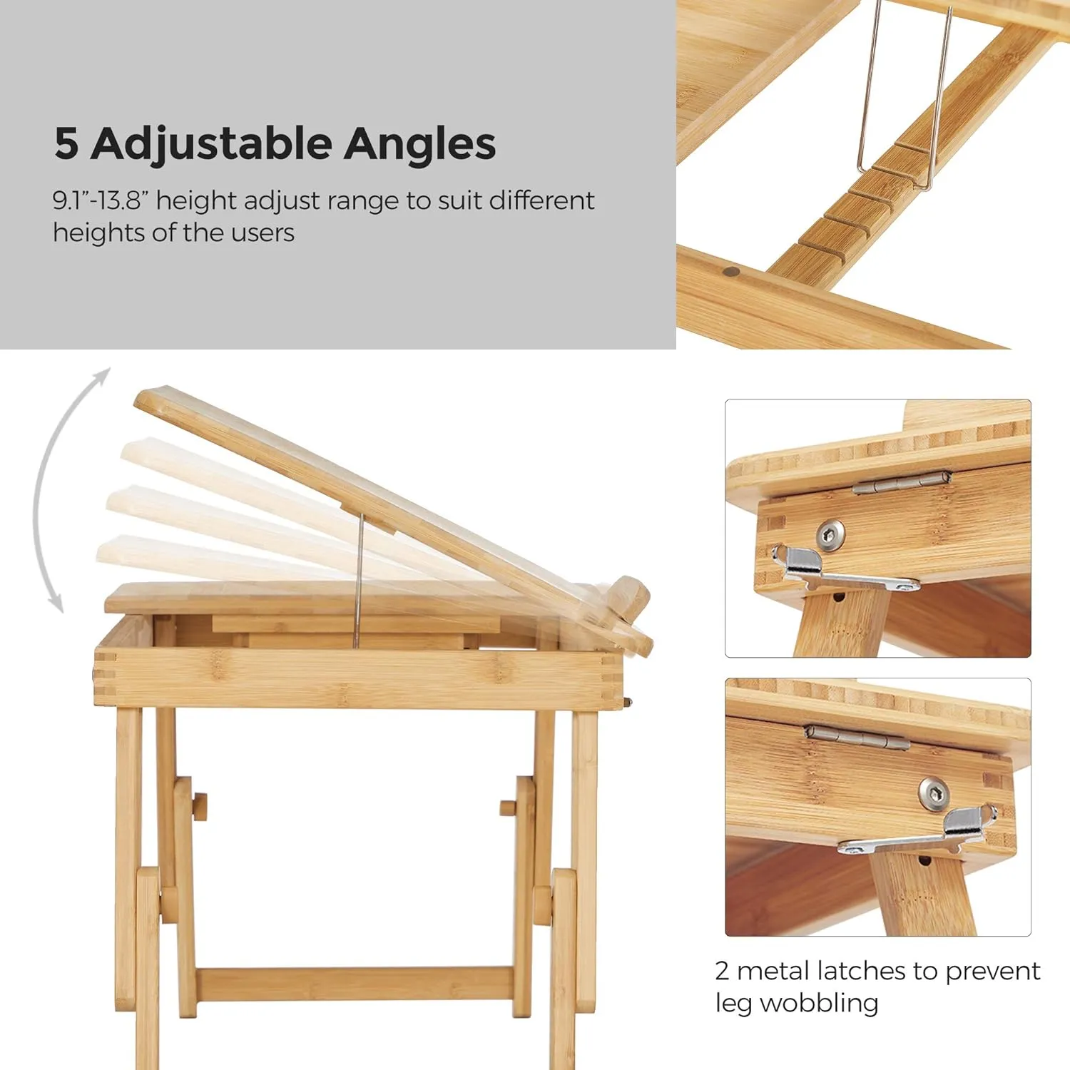 SONGMICS Laptop Desk for Bed or Sofa with Tilting Top, Breakfast Serving Tray with Folding Legs, Fits up to 15.6 Inches Screen, (24-26.9) x 13.7 x (8.8-12.6) Inches, Natural ULLD01N
