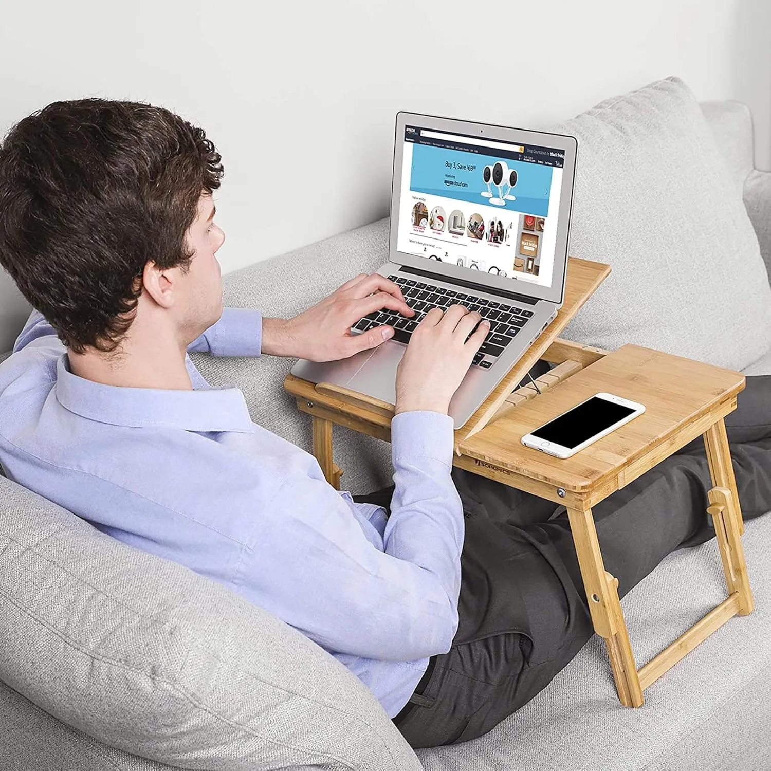 SONGMICS Laptop Desk for Bed or Sofa with Tilting Top, Breakfast Serving Tray with Folding Legs, Fits up to 15.6 Inches Screen, (24-26.9) x 13.7 x (8.8-12.6) Inches, Natural ULLD01N