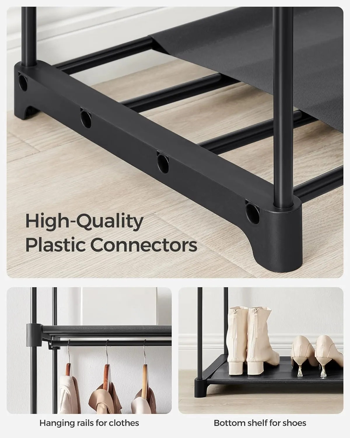 SONGMICS Portable Fabric Clothes Storage Wardrobe with 2 Clothes Rails Black