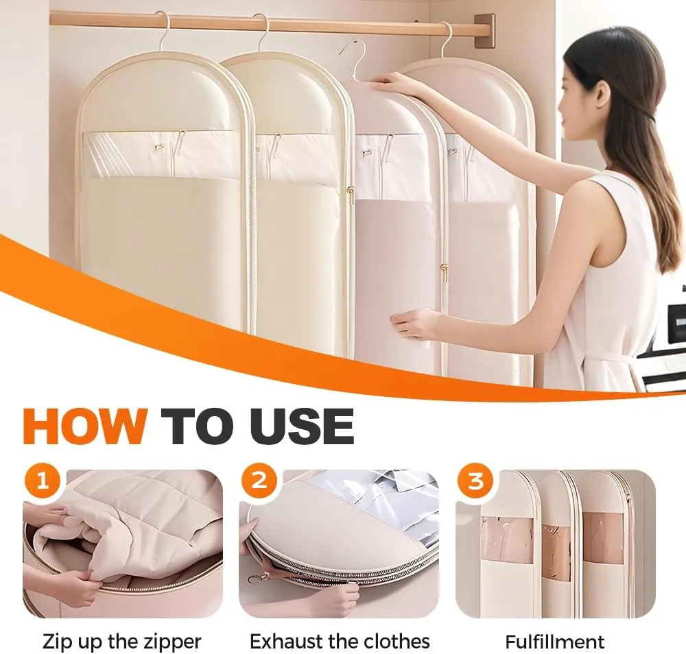 Space Saving Hanging Garment Bag with Self Compression Zipper, 2025 New Space Saver Dust Cover Closet Organizers, Heavy Duty Organizer Storage Bags for Moving or Storaging Clothes (Pink, Large)