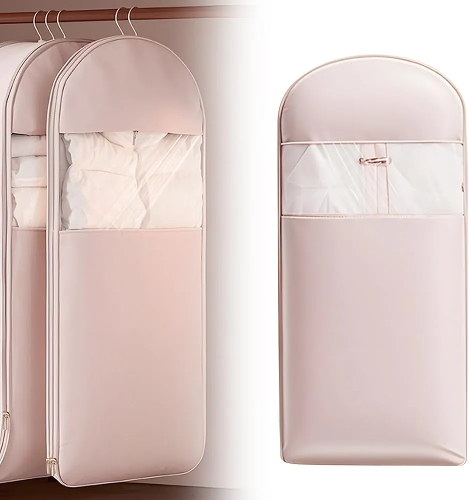 Space Saving Hanging Garment Bag with Self Compression Zipper, 2025 New Space Saver Dust Cover Closet Organizers, Heavy Duty Organizer Storage Bags for Moving or Storaging Clothes (Pink, Large)