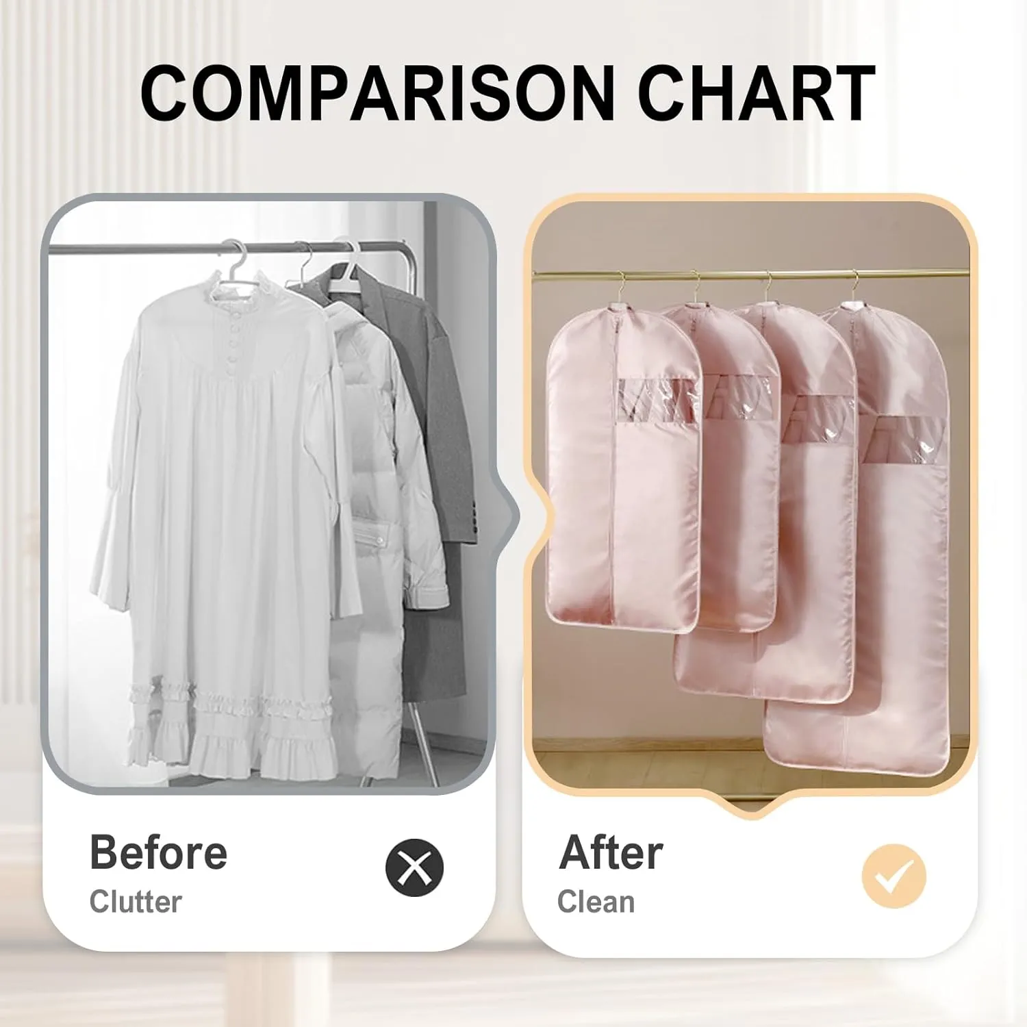Space Saving Hanging Garment Bag with Self Compression Zipper, 2025 Upgraded Dust Cover Clothes Bags for Down Coat, Space Saver Closet Organizers, Dustproof Clothes Storage (Beige, X-Large)