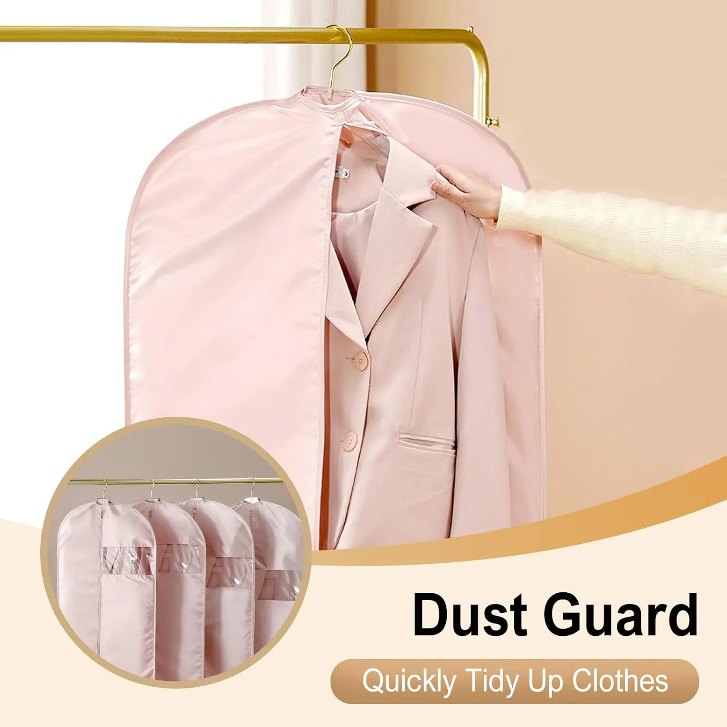 Space Saving Hanging Garment Bag with Self Compression Zipper, 2025 Upgraded Dust Cover Clothes Bags for Down Coat, Space Saver Closet Organizers, Dustproof Clothes Storage (Beige, X-Large)