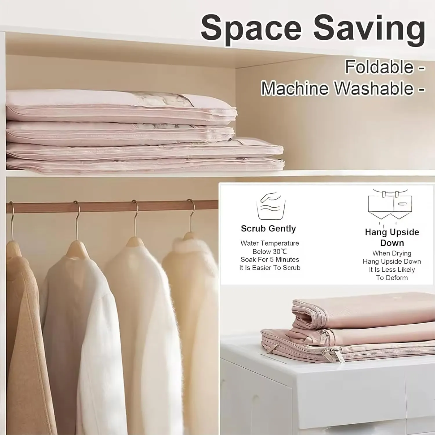 Space Saving Hanging Garment Bag with Self Compression Zipper Down Coat Compression Dust Cover 2025 Upgrade Space Saving Hanging Bag with transparent window (Gray, L-2PCS)