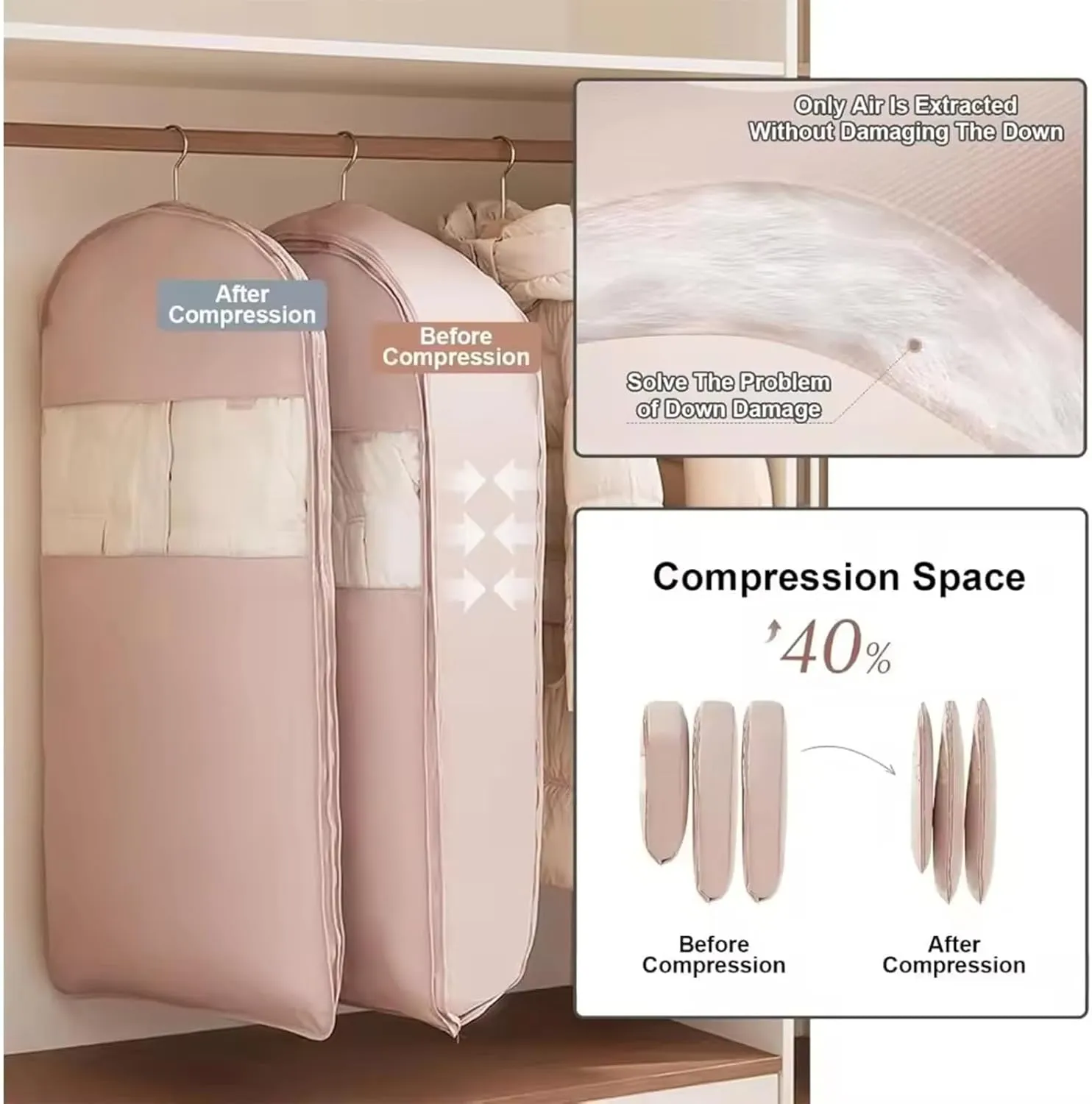 Space Saving Hanging Garment Bag with Self Compression Zipper Down Coat Compression Dust Cover 2025 Upgrade Space Saving Hanging Bag with transparent window (Gray, L-2PCS)