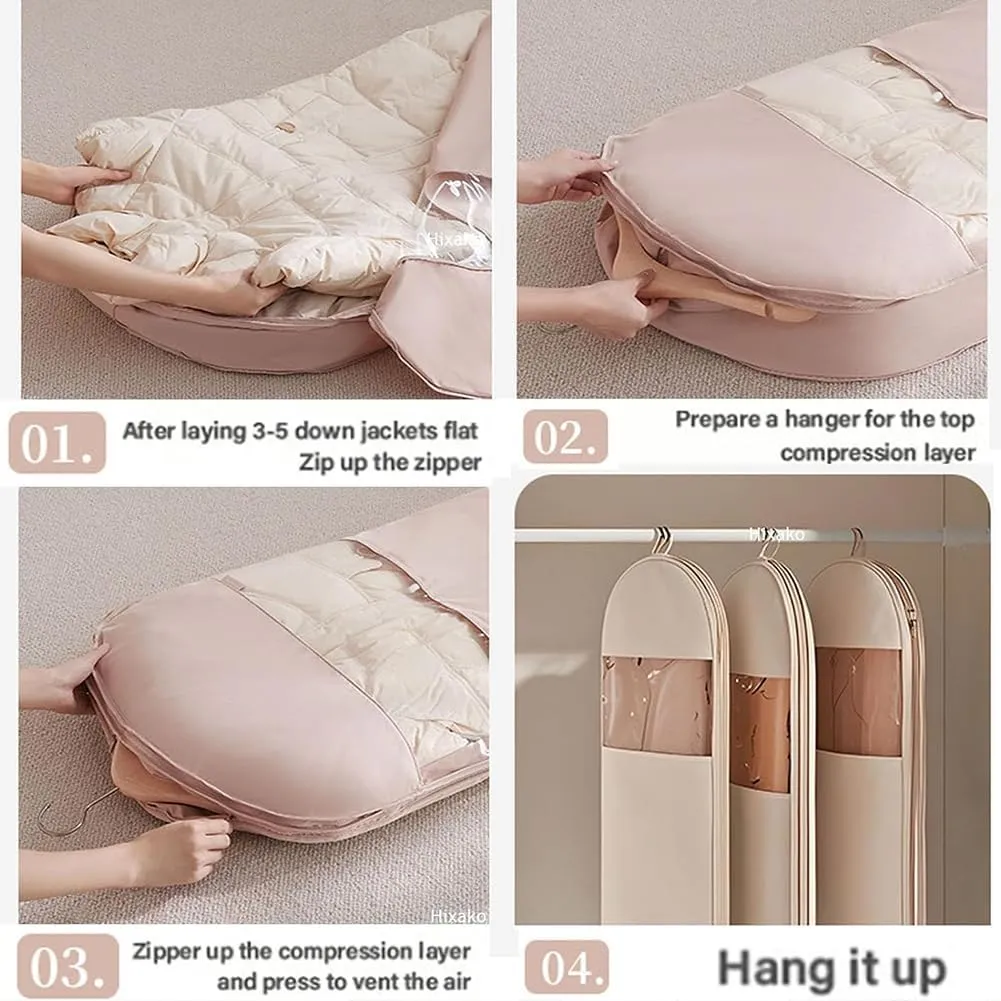 Space Saving Hanging Garment Bag with Self Compression Zipper, Dust Cover Clothes Bags for Down Coat & Closet Storage (Pink,3Pcs)