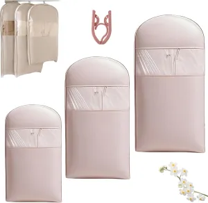 Space Saving Hanging Garment Bag with Self Compression Zipper, Dust Cover Clothes Bags for Down Coat & Closet Storage (Pink,3Pcs)